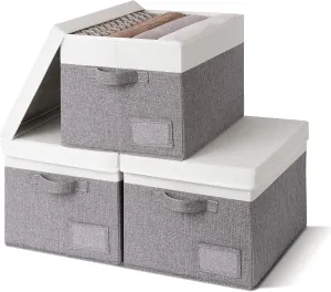 GRANNY SAYS Linen Storage Box, Collapsible Storage Bin with Lids and Label Holder, Clothes Organizer - 3-Pack, Gray & Ivory