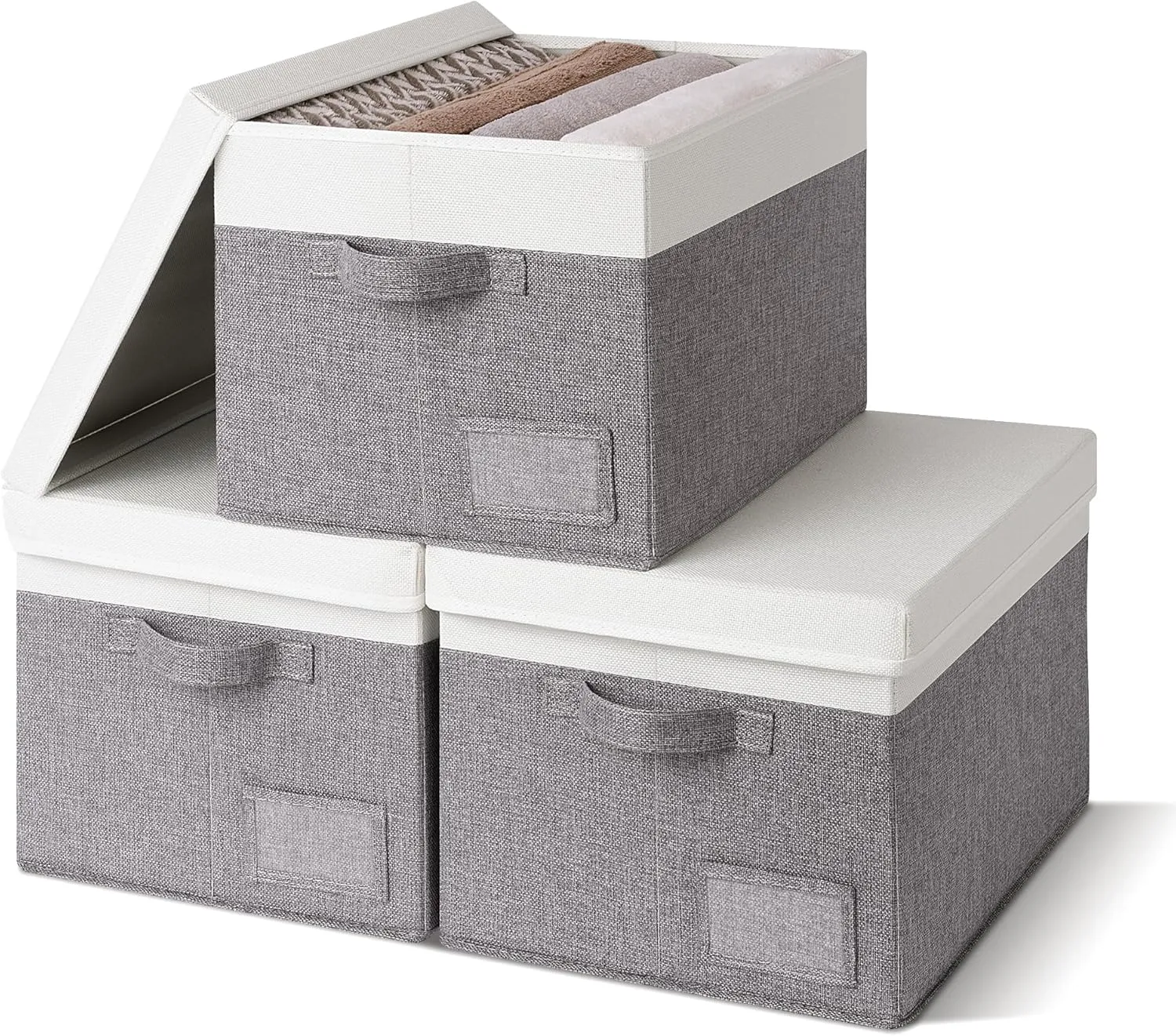 GRANNY SAYS Linen Storage Box, Collapsible Storage Bin with Lids and Label Holder, Clothes Organizer - 3-Pack, Gray & Ivory