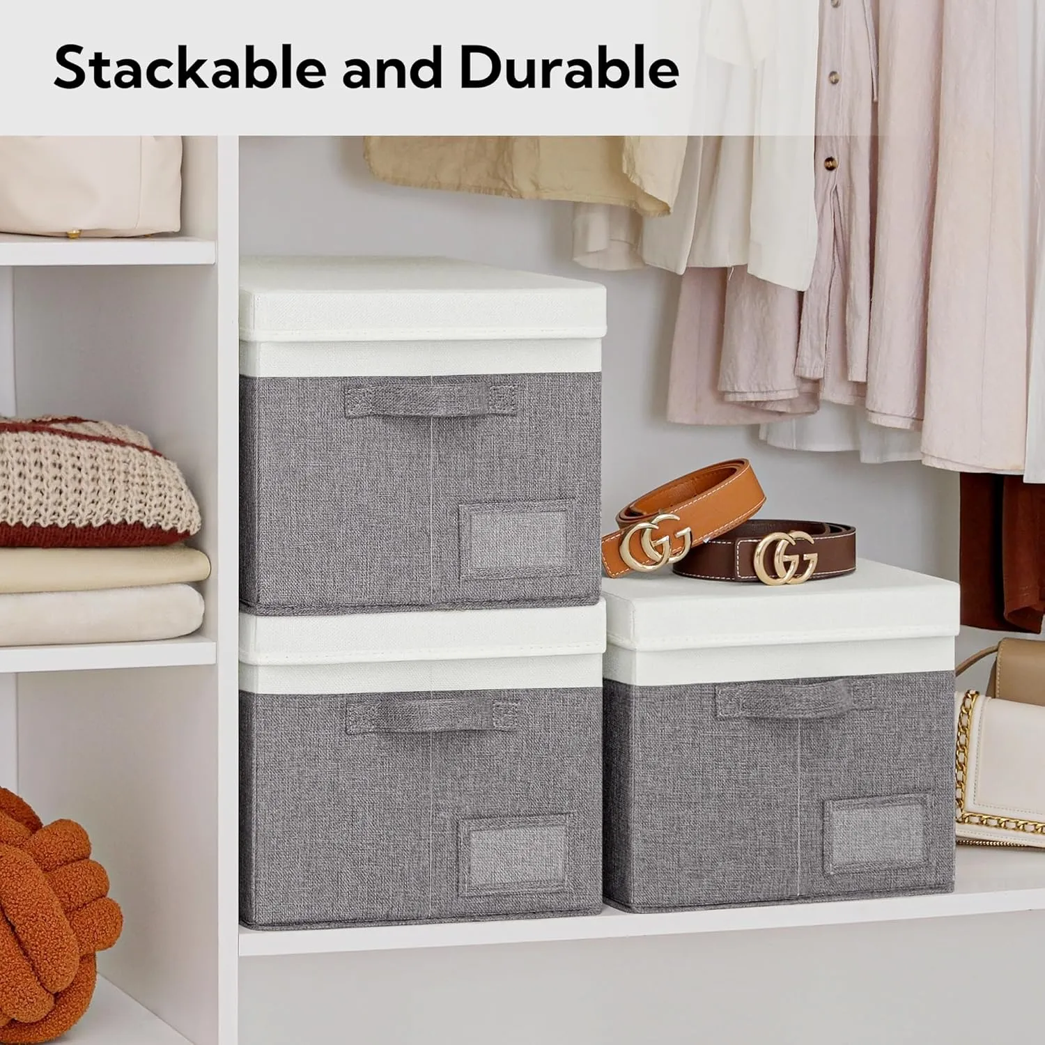 GRANNY SAYS Linen Storage Box, Collapsible Storage Bin with Lids and Label Holder, Clothes Organizer - 3-Pack, Gray & Ivory