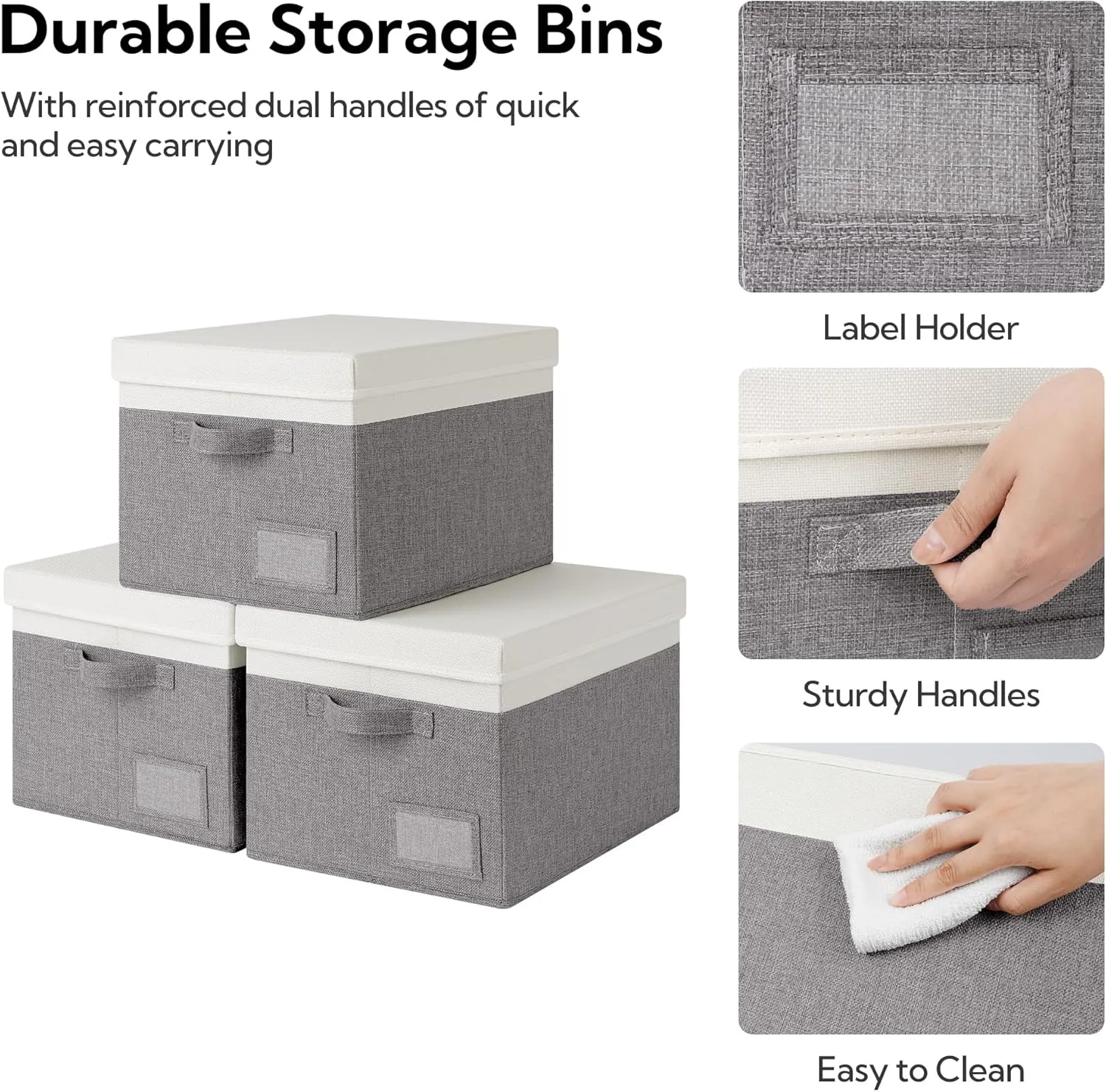 GRANNY SAYS Linen Storage Box, Collapsible Storage Bin with Lids and Label Holder, Clothes Organizer - 3-Pack, Gray & Ivory