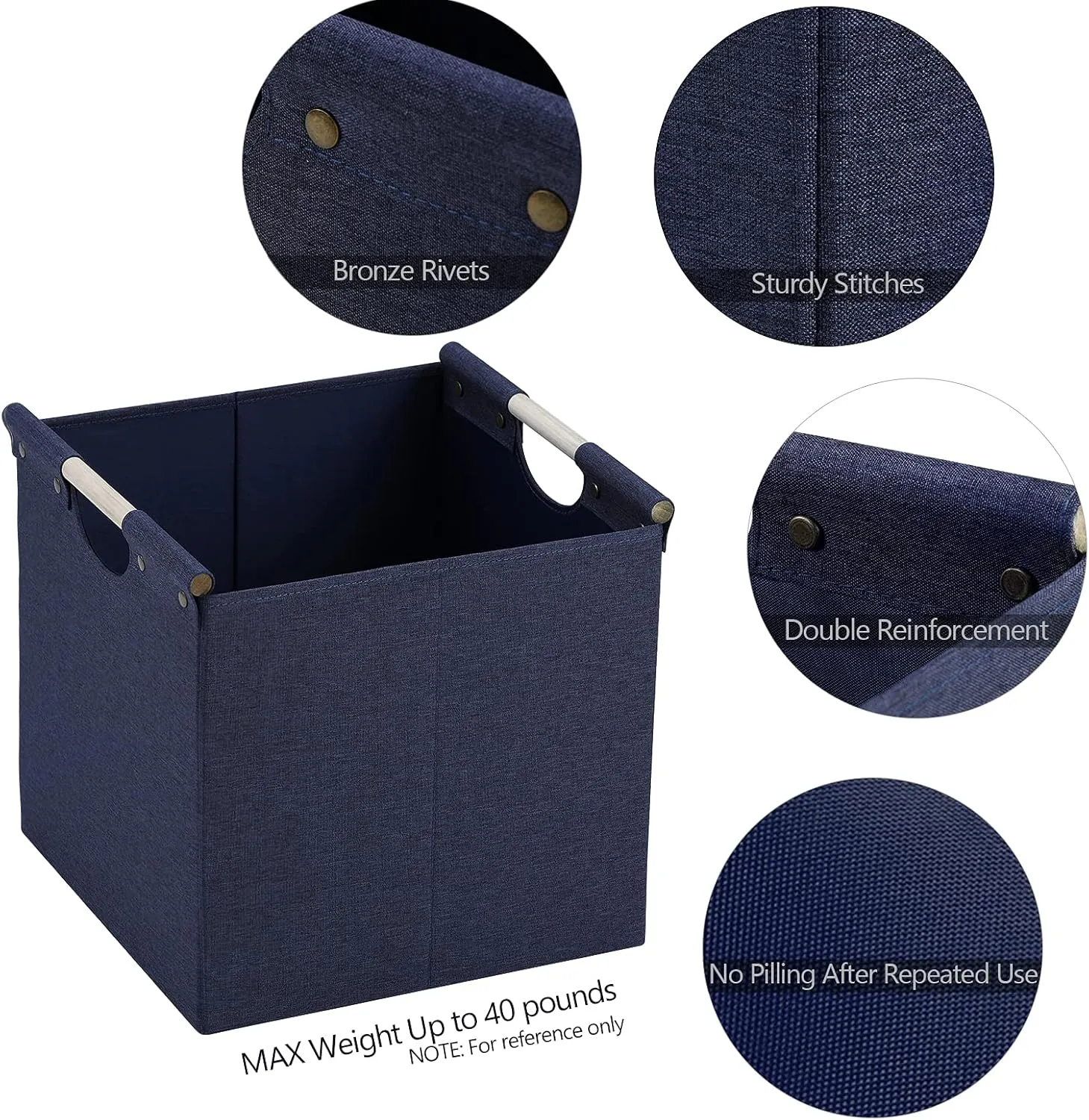 HOONEX Collapsible Storage Bins, 12x12x12in Storage Cubes Linen Fabric, 3 Pack, Storage Baskets with Wooden Carry Handles and Sturdy Heavy Cardboard, for Home, Office, Car, Nursery, Blue