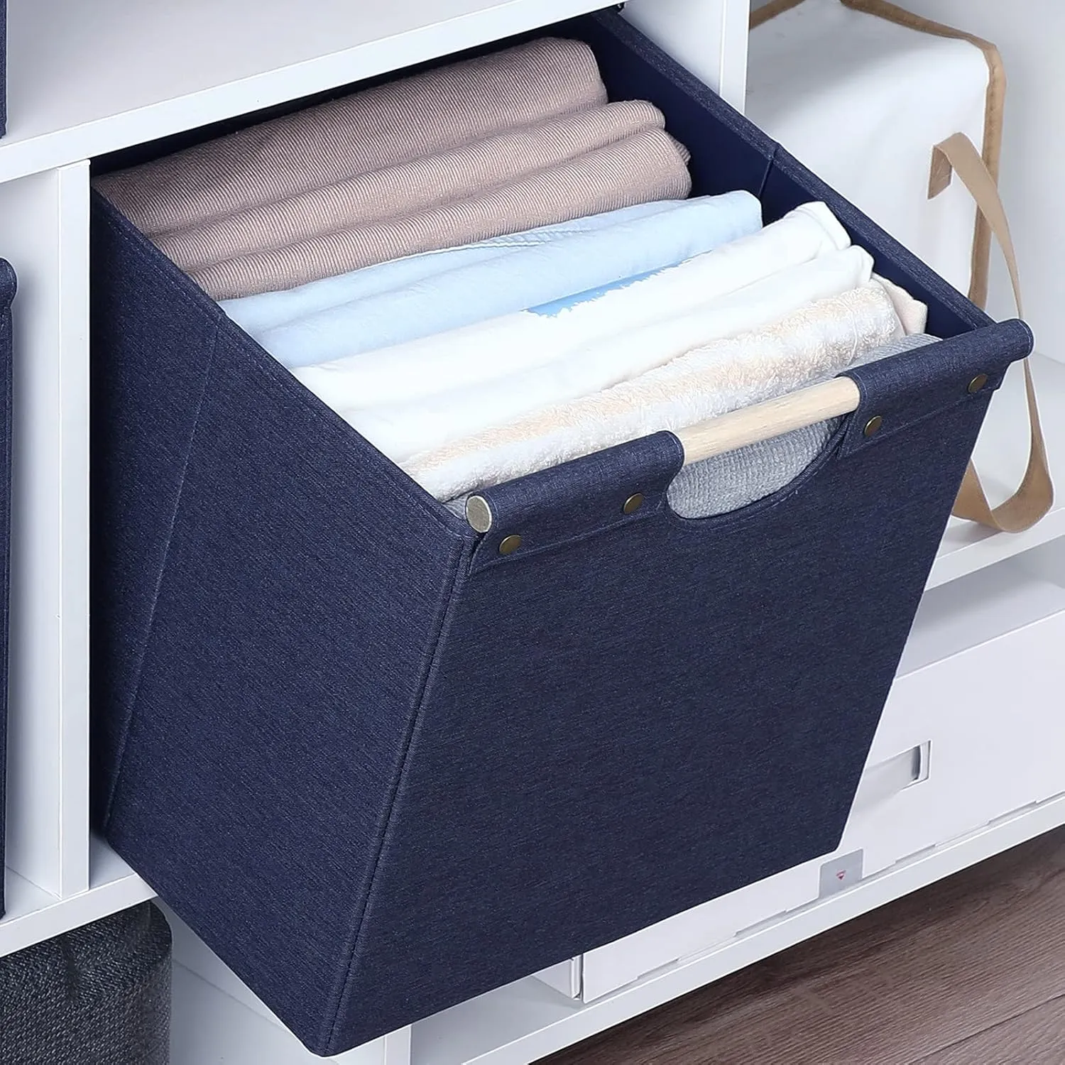 HOONEX Collapsible Storage Bins, 12x12x12in Storage Cubes Linen Fabric, 3 Pack, Storage Baskets with Wooden Carry Handles and Sturdy Heavy Cardboard, for Home, Office, Car, Nursery, Blue