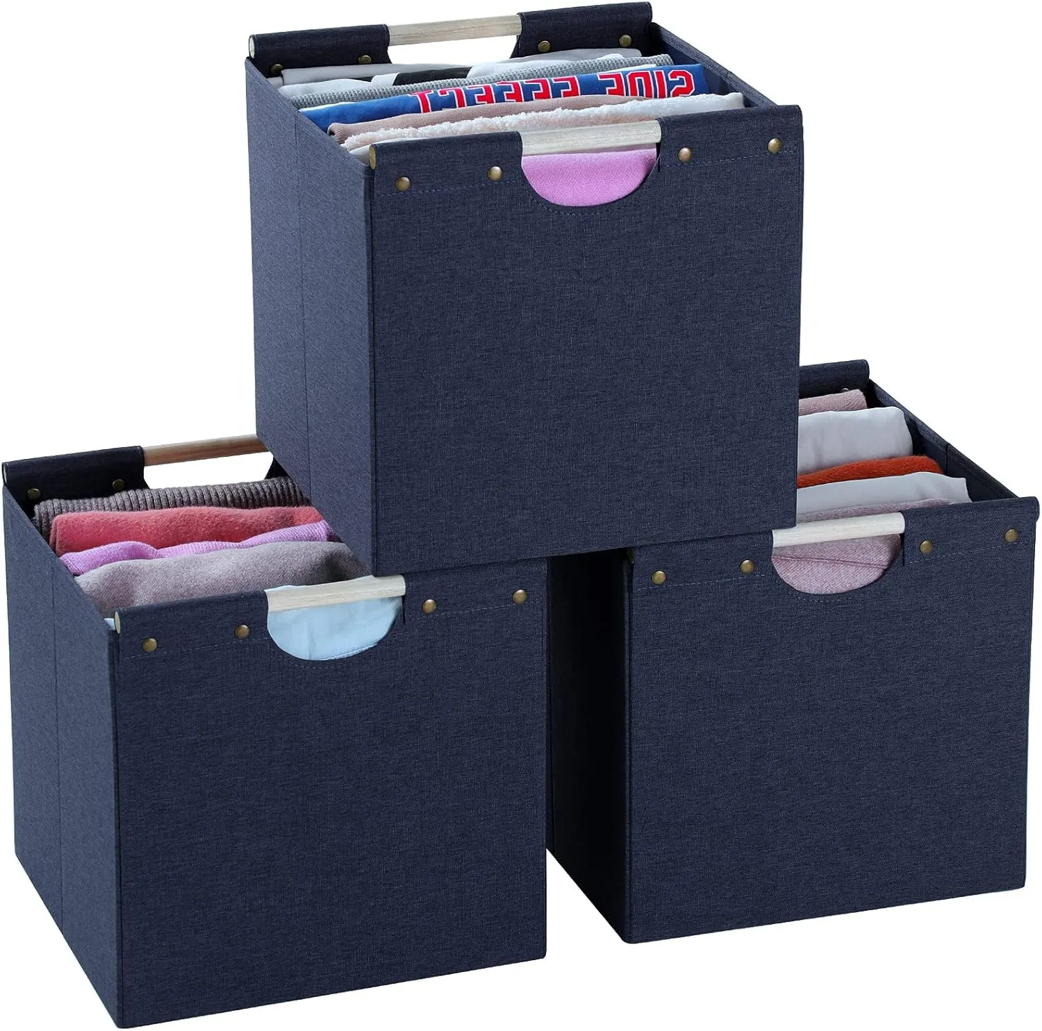 HOONEX Collapsible Storage Bins, 12x12x12in Storage Cubes Linen Fabric, 3 Pack, Storage Baskets with Wooden Carry Handles and Sturdy Heavy Cardboard, for Home, Office, Car, Nursery, Blue