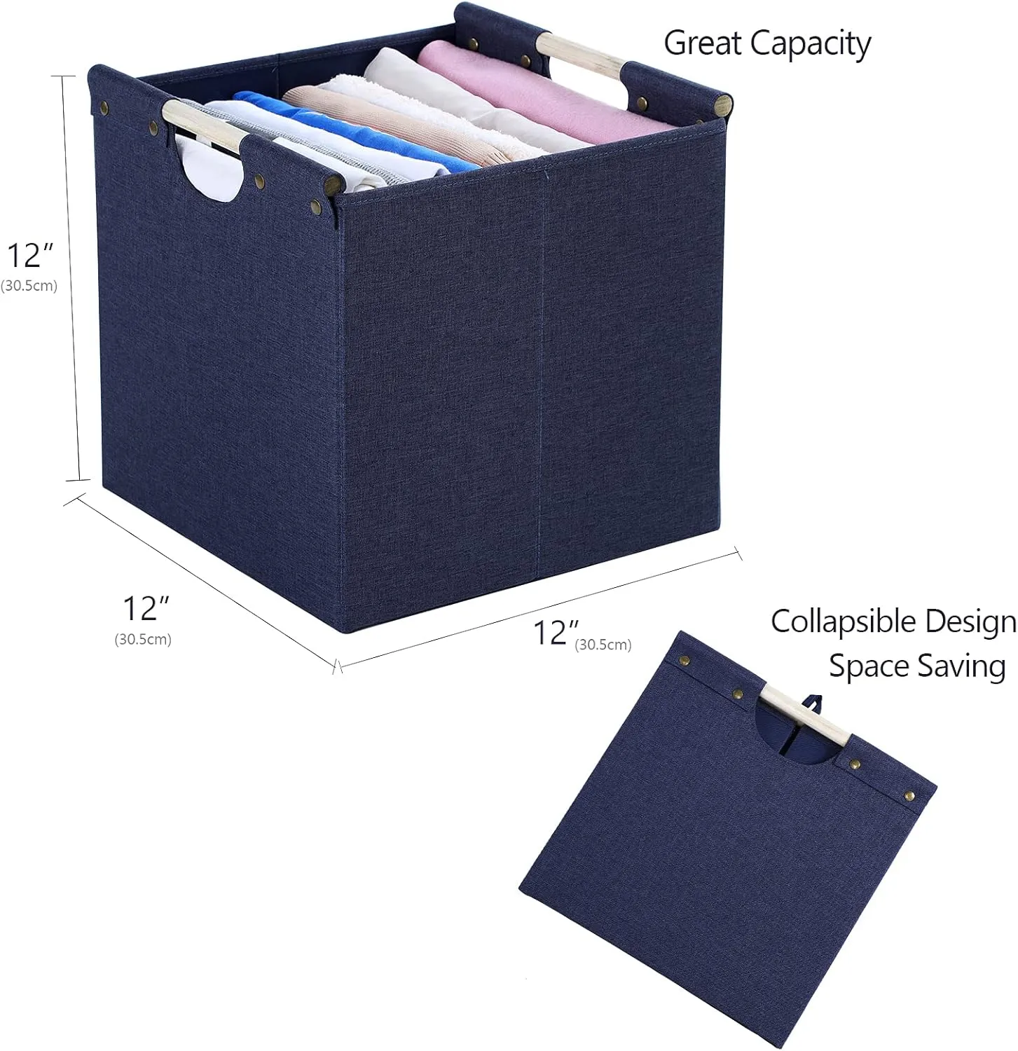 HOONEX Collapsible Storage Bins, 12x12x12in Storage Cubes Linen Fabric, 3 Pack, Storage Baskets with Wooden Carry Handles and Sturdy Heavy Cardboard, for Home, Office, Car, Nursery, Blue