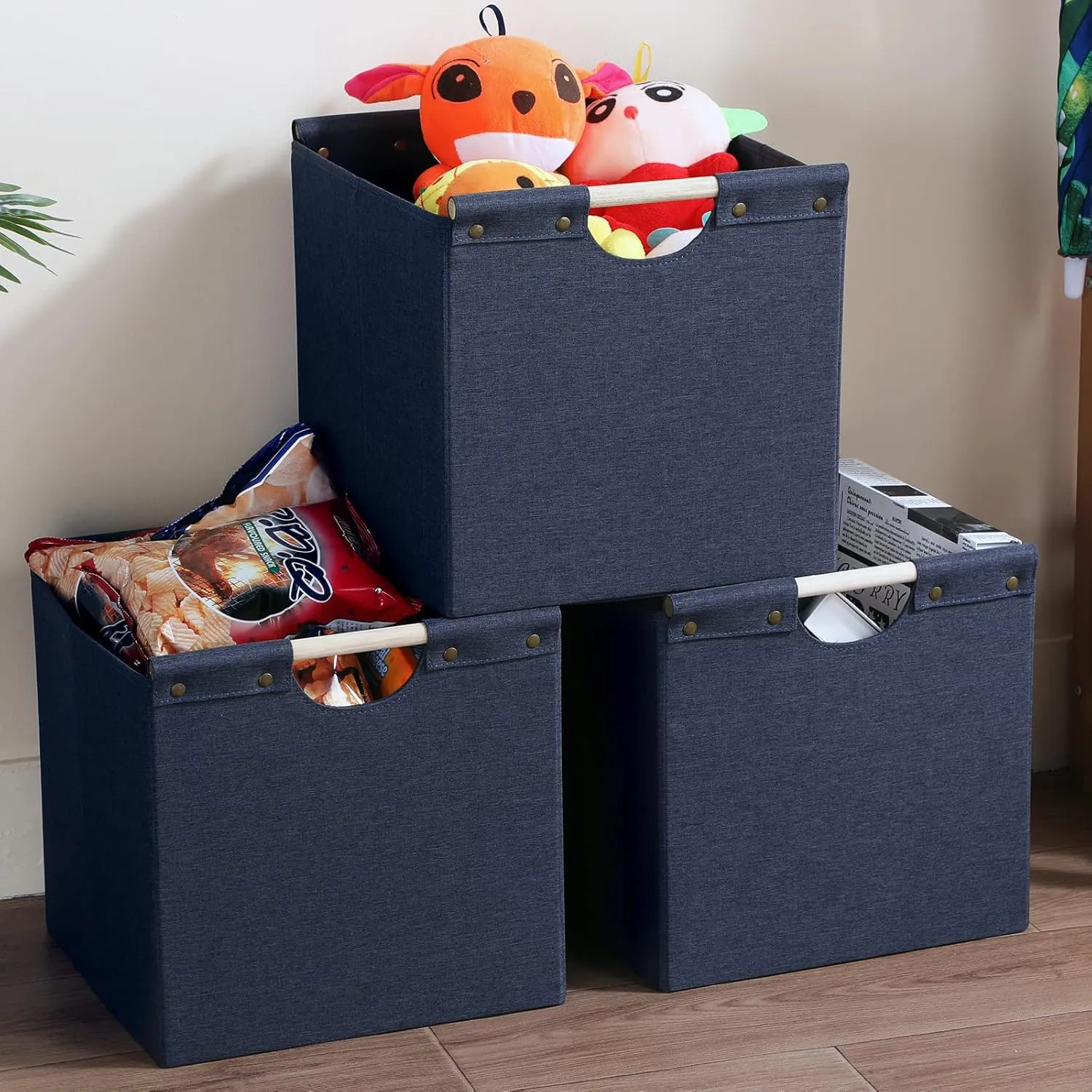 HOONEX Collapsible Storage Bins, 12x12x12in Storage Cubes Linen Fabric, 3 Pack, Storage Baskets with Wooden Carry Handles and Sturdy Heavy Cardboard, for Home, Office, Car, Nursery, Blue