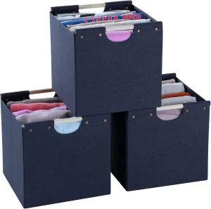 HOONEX Collapsible Storage Bins, 12x12x12in Storage Cubes Linen Fabric, 3 Pack, Storage Baskets with Wooden Carry Handles and Sturdy Heavy Cardboard, for Home, Office, Car, Nursery, Blue