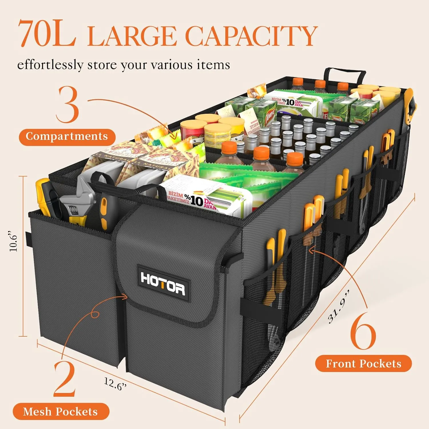HOTOR Foldable Trunk Organizer - SUV & Sedan Compatible, 3 Compartments, Grey, 31.9"12.6"10.6" Sturdy Car Organization for Accessories, Tools, Sundries