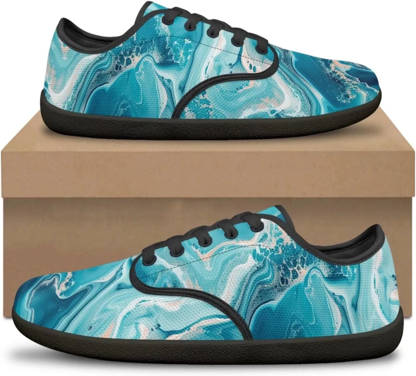 Howilath Marble Print Women Barefoot Shoes Lace-up Flat Shoes with Anti-Slip Sole Breathable Casual Sport Shoes