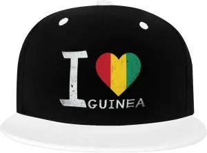 I Love Guinea - Heart Flag Color-Block Flat Brim Snapback Cap for Men & Women, Adjustable Hip-Hop Hat White