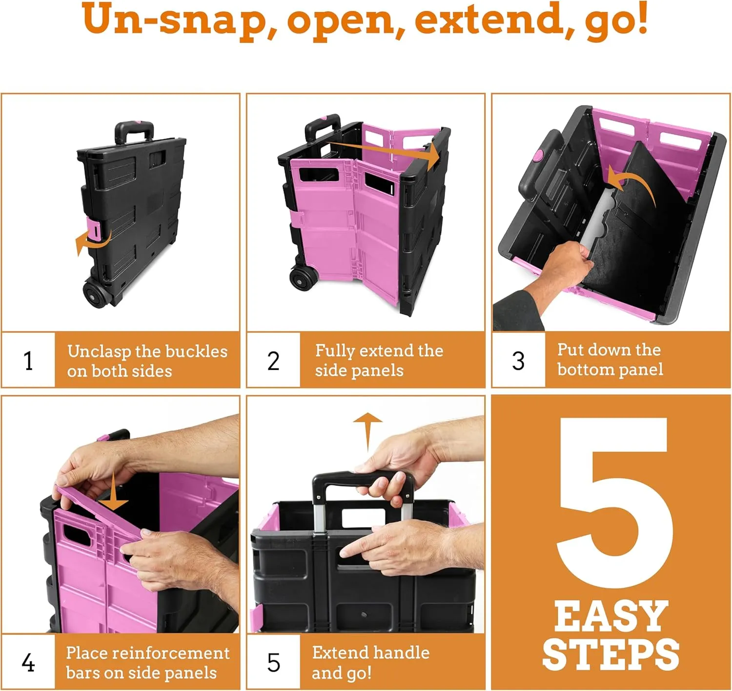 Inspired Living Ultra-Slim Rolling Collapsible Storage Pack-N-Roll Utility-carts, with Telescopic Handle, for Home, Garden, Shopping, Office, School use, Large, Pink & Black