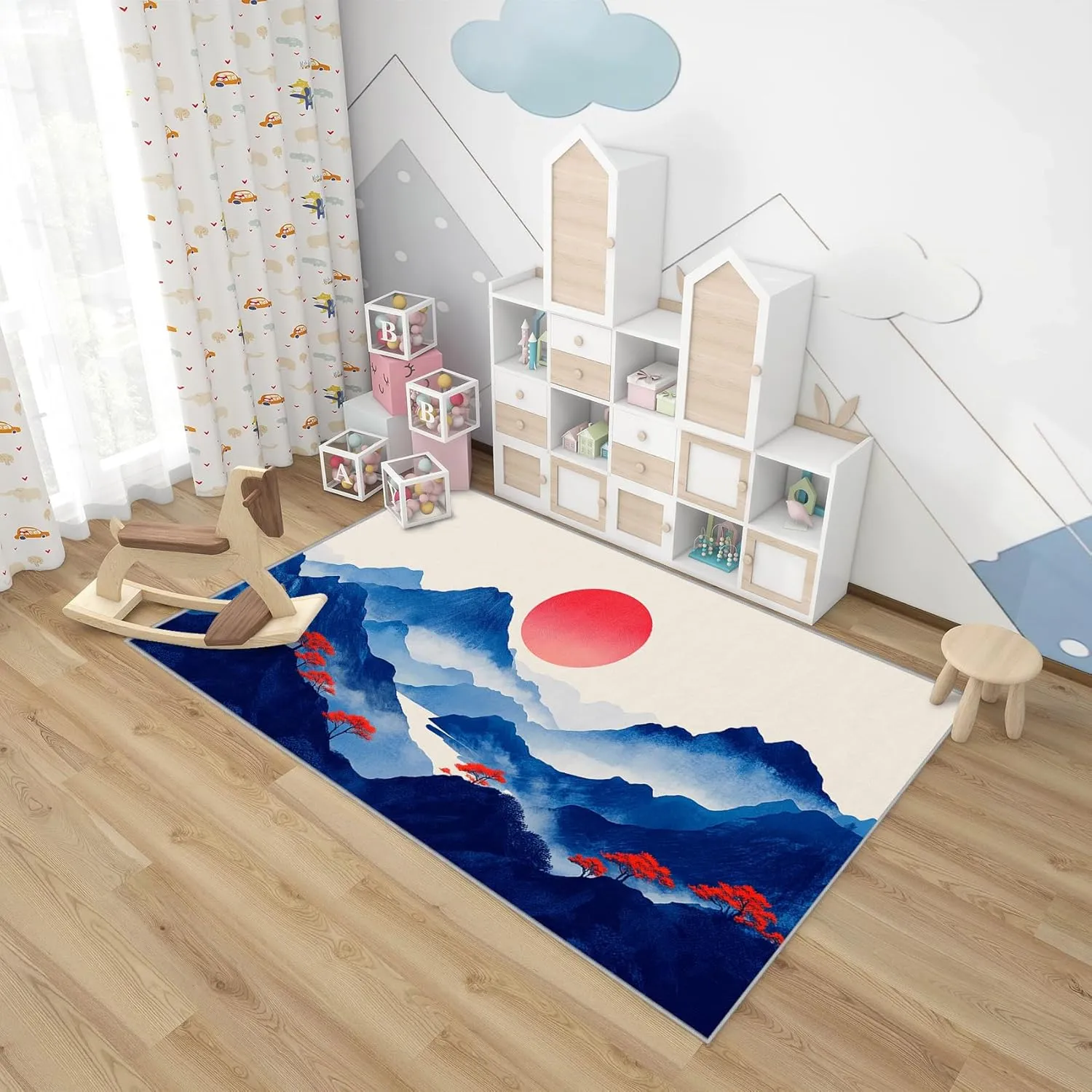 Japanese Rug - Japanese Rug 8x10, 8x10 ft Washable Non-Slip Stain Resistant Mountain Area Rug, Sunrise Landscape Carpet for Living Room, Bedroom, Japanese Home Decor & Gifts