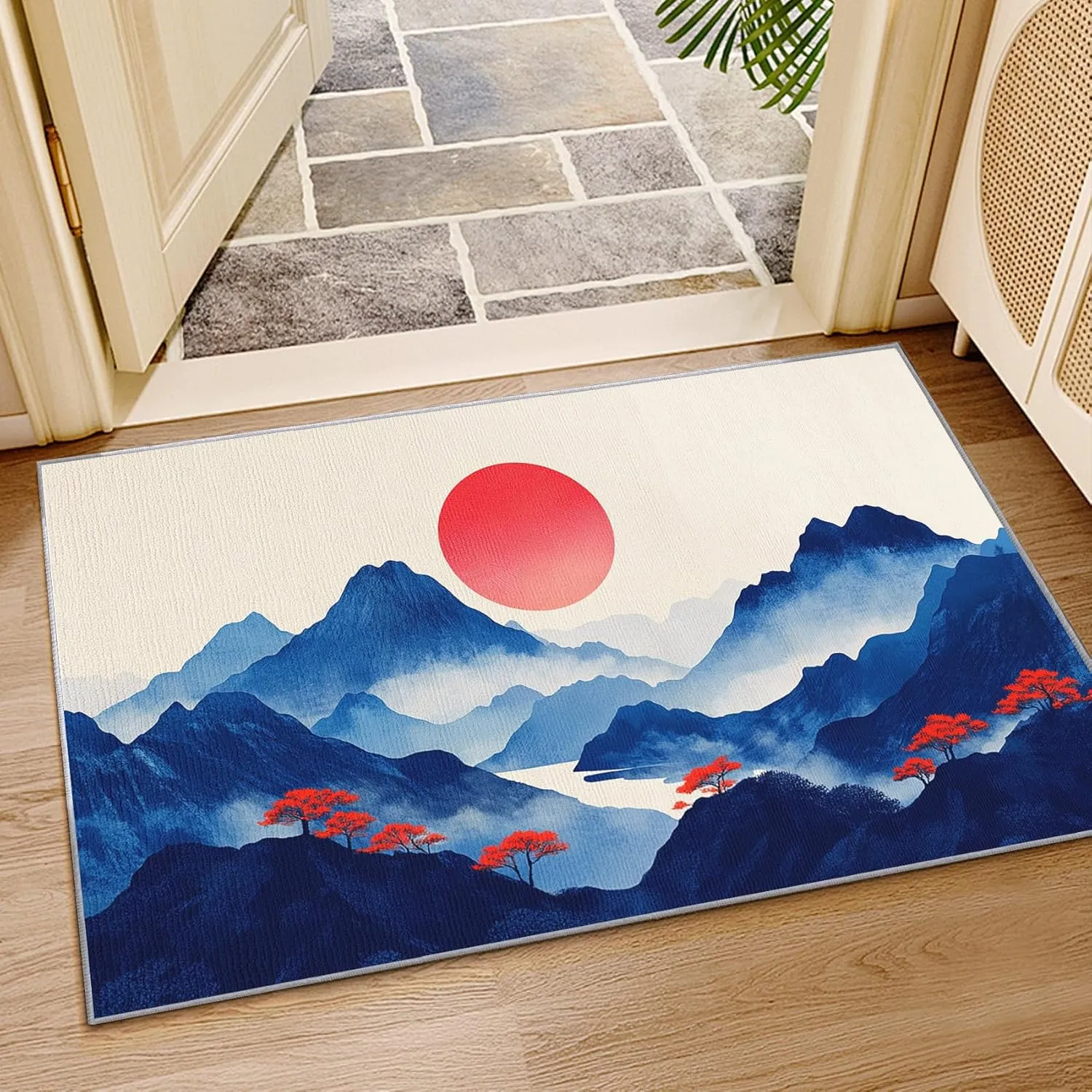 Japanese Rug - Japanese Rug 8x10, 8x10 ft Washable Non-Slip Stain Resistant Mountain Area Rug, Sunrise Landscape Carpet for Living Room, Bedroom, Japanese Home Decor & Gifts