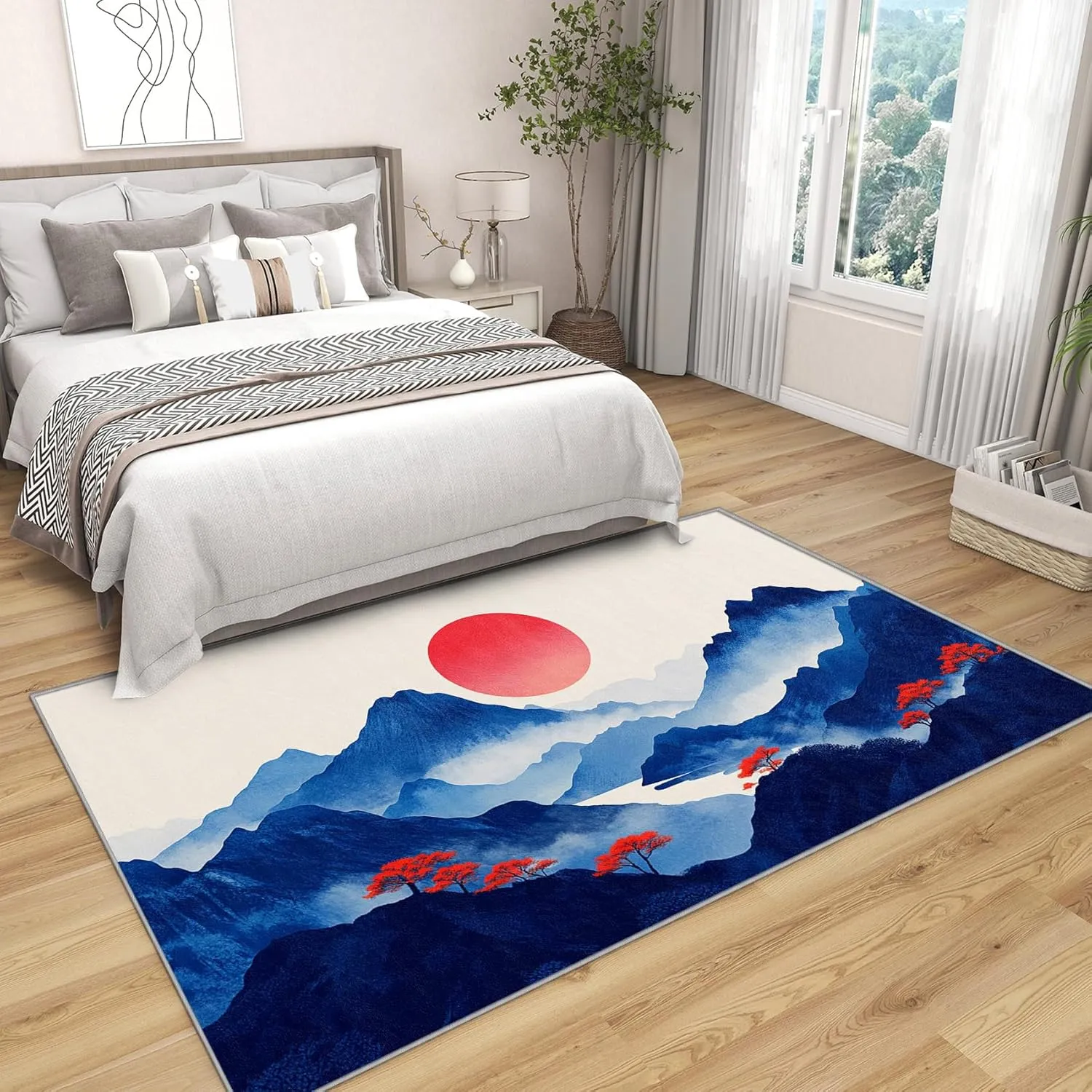 Japanese Rug - Japanese Rug 8x10, 8x10 ft Washable Non-Slip Stain Resistant Mountain Area Rug, Sunrise Landscape Carpet for Living Room, Bedroom, Japanese Home Decor & Gifts