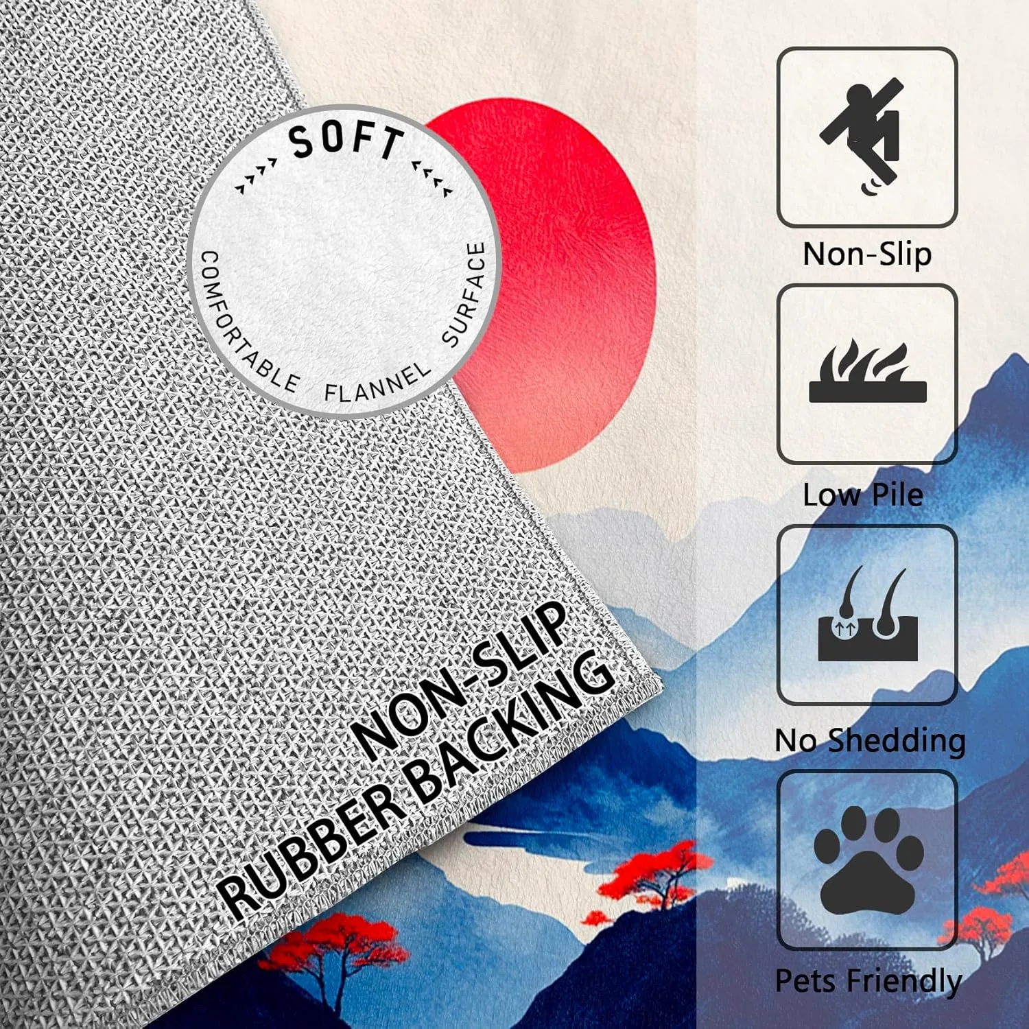 Japanese Rug - Japanese Rug 8x10, 8x10 ft Washable Non-Slip Stain Resistant Mountain Area Rug, Sunrise Landscape Carpet for Living Room, Bedroom, Japanese Home Decor & Gifts