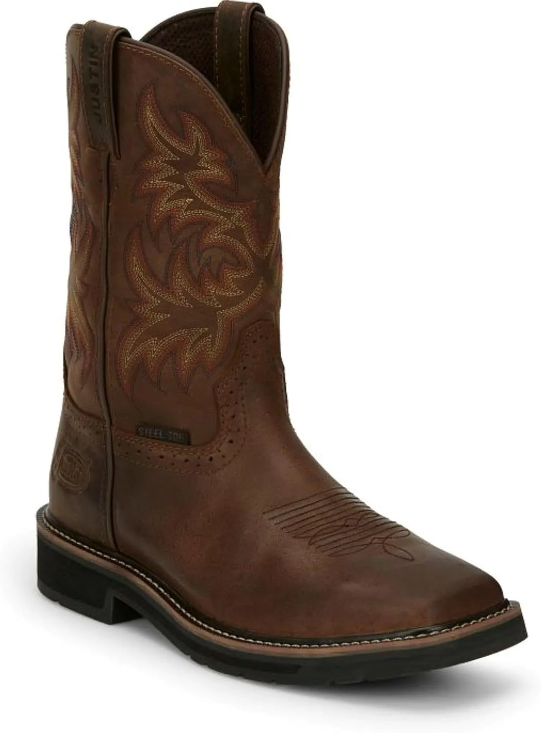 Justin Driller 11" Square Steel Toe Men's Boot, Durable Leather, Slip-Resistant, Comfort Cushioned Insole for Work Safety