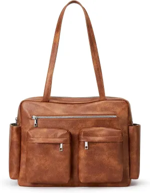 KALIDI Tote Bag Vegan Leather Women Pocket Utility Bag Faux Leather Shoulder Travel Purse Vintage Handbag for Work