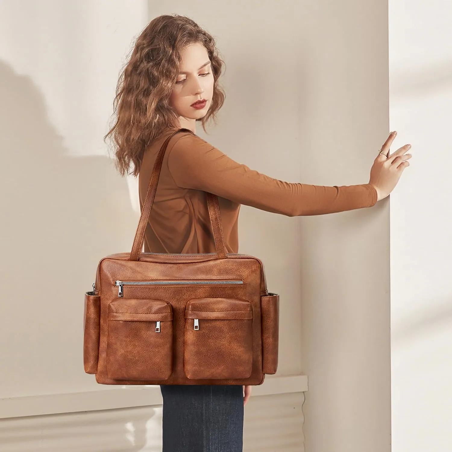 KALIDI Tote Bag Vegan Leather Women Pocket Utility Bag Faux Leather Shoulder Travel Purse Vintage Handbag for Work