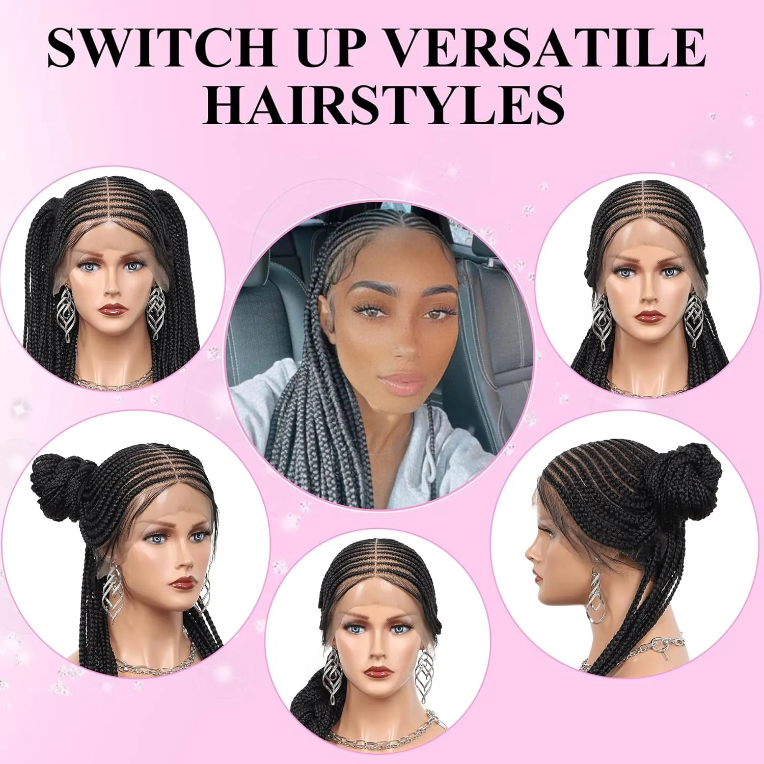 Kalyss 13x8 HD Lace Front Braided Wigs for Black Women Cornrow Braided Wigs Synthetic Hair Briaided Wigs Middle Parted Box Braid Wig with Baby Hair Natural Black 36"
