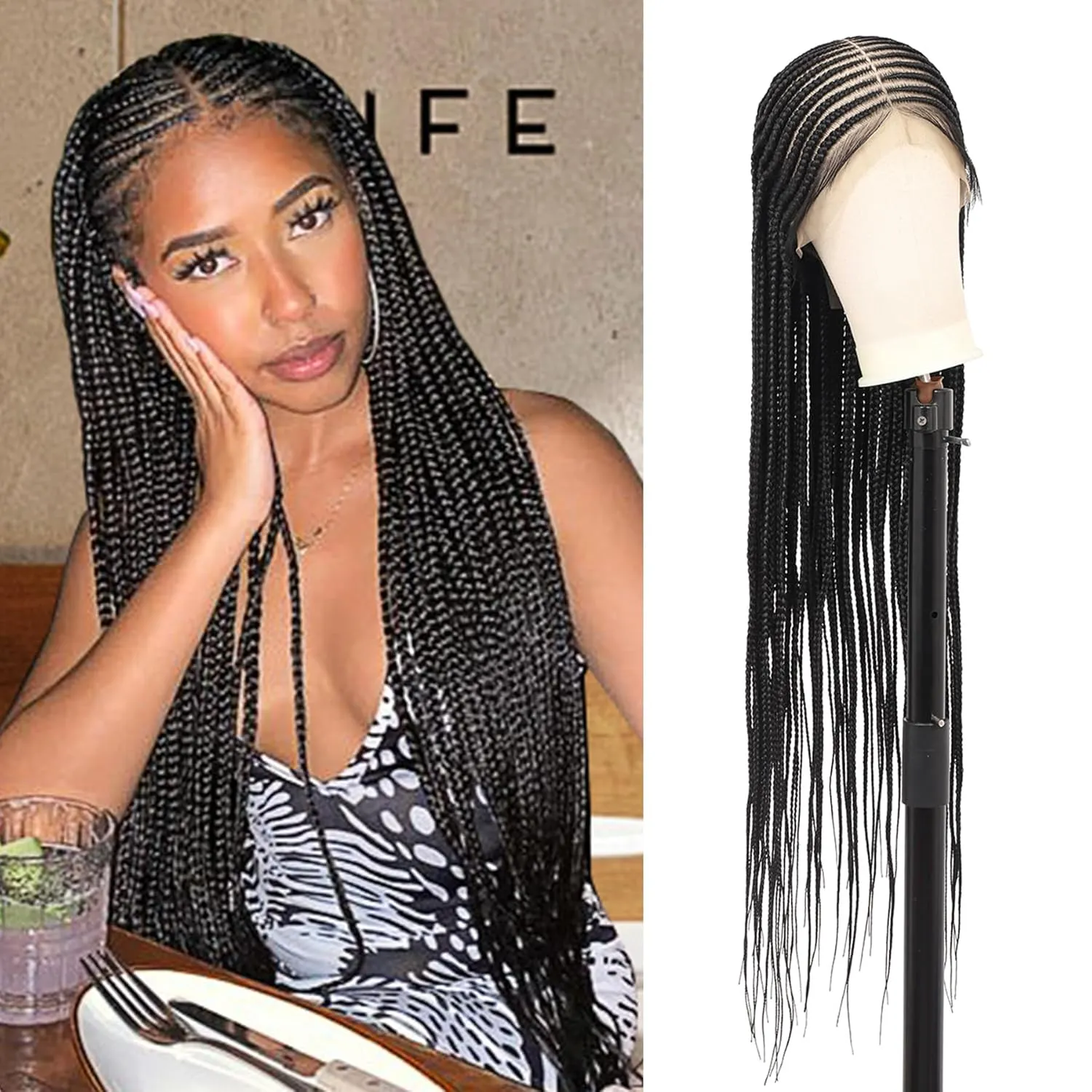 Kalyss 13x8 HD Lace Front Braided Wigs for Black Women Cornrow Braided Wigs Synthetic Hair Briaided Wigs Middle Parted Box Braid Wig with Baby Hair Natural Black 36"