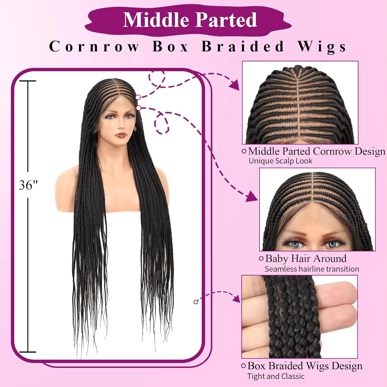 Kalyss 13x8 HD Lace Front Braided Wigs for Black Women Cornrow Braided Wigs Synthetic Hair Briaided Wigs Middle Parted Box Braid Wig with Baby Hair Natural Black 36"