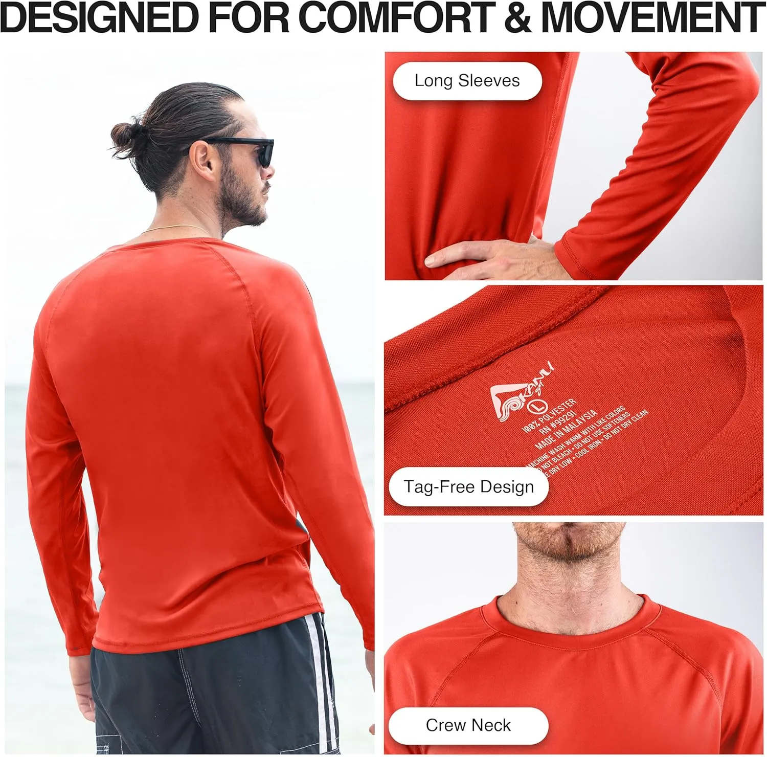 Kanu Surf Men's Rash Guard Long Sleeve Swim Shirts for Men SPF UPF 50 Sun Protection Fishing and Running Shirt