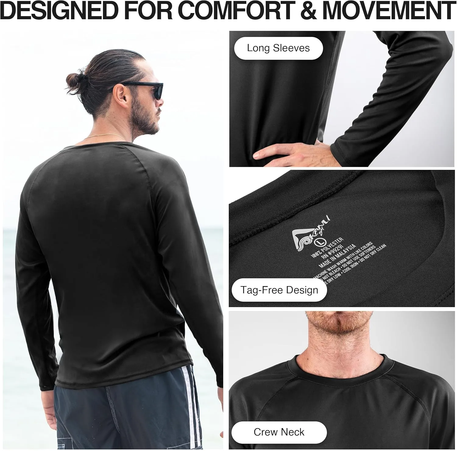 Kanu Surf Men's Rash Guard Long Sleeve Swim Shirts for Men SPF UPF 50 Sun Protection Fishing and Running Shirt