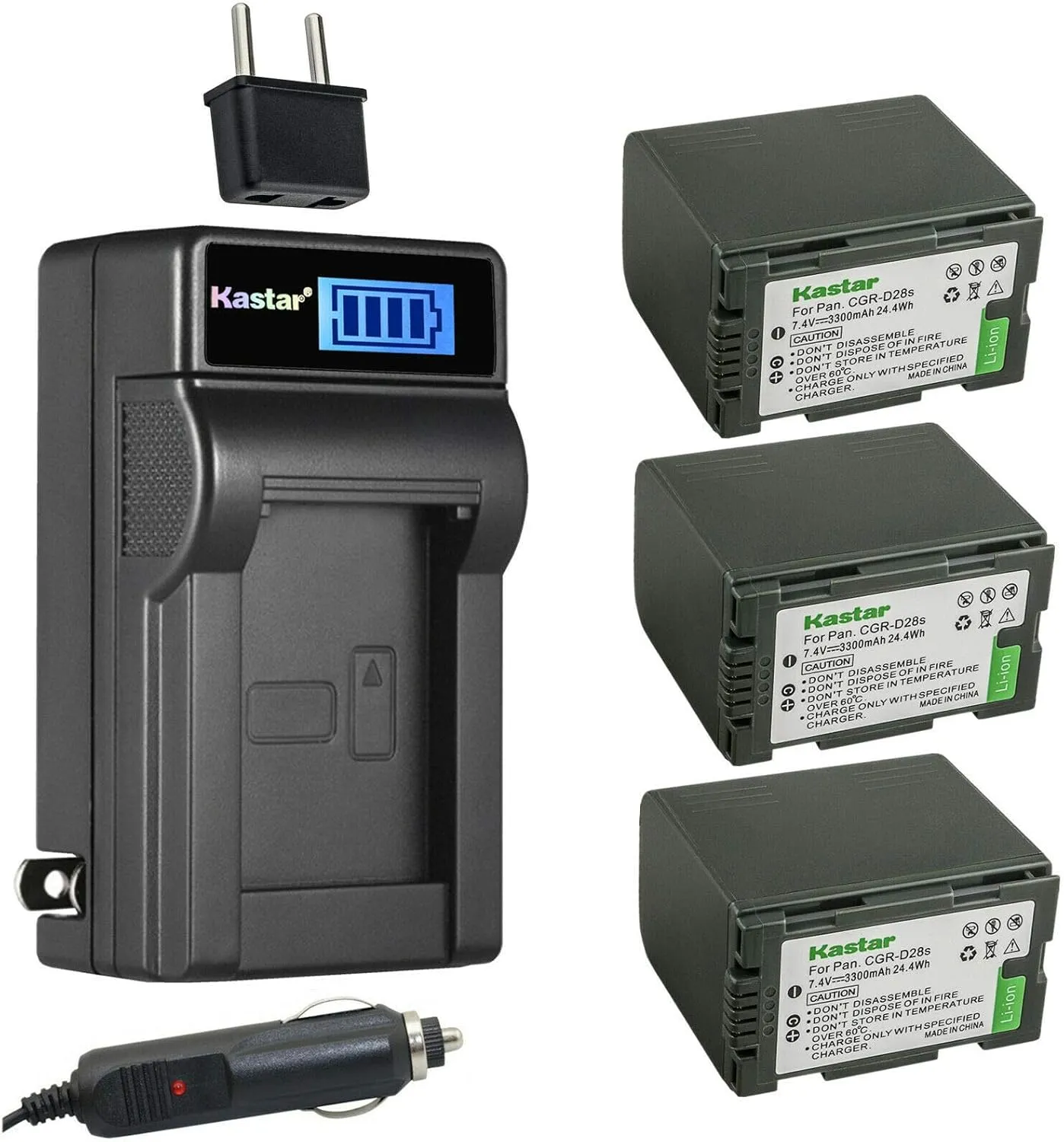 Kastar 3-Pack CGR-D28 Battery and LCD AC Charger Compatible with Panasonic CGA-D120A/1B, CGA-D120E/1B, CGR-D08, CGR-D08A/1B, CGR-D08R, CGR-D08S, CGR-D08SE/1B, CGR-D120, CGR-D120A/1B Battery