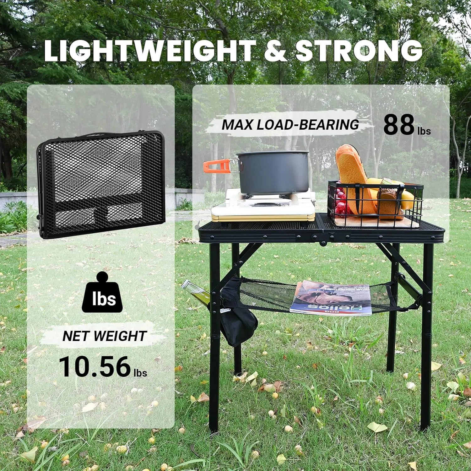 KINGROCK Folding Camping Table with Mesh Bag, Adjustable Height Grill Table for Outdoor Camping, Picnic, Patio, Dining, BBQ, Party