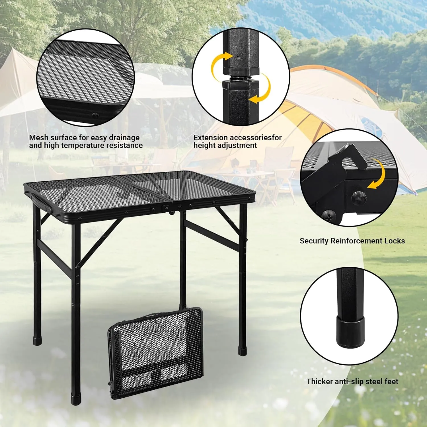KINGROCK Folding Camping Table with Mesh Bag, Adjustable Height Grill Table for Outdoor Camping, Picnic, Patio, Dining, BBQ, Party