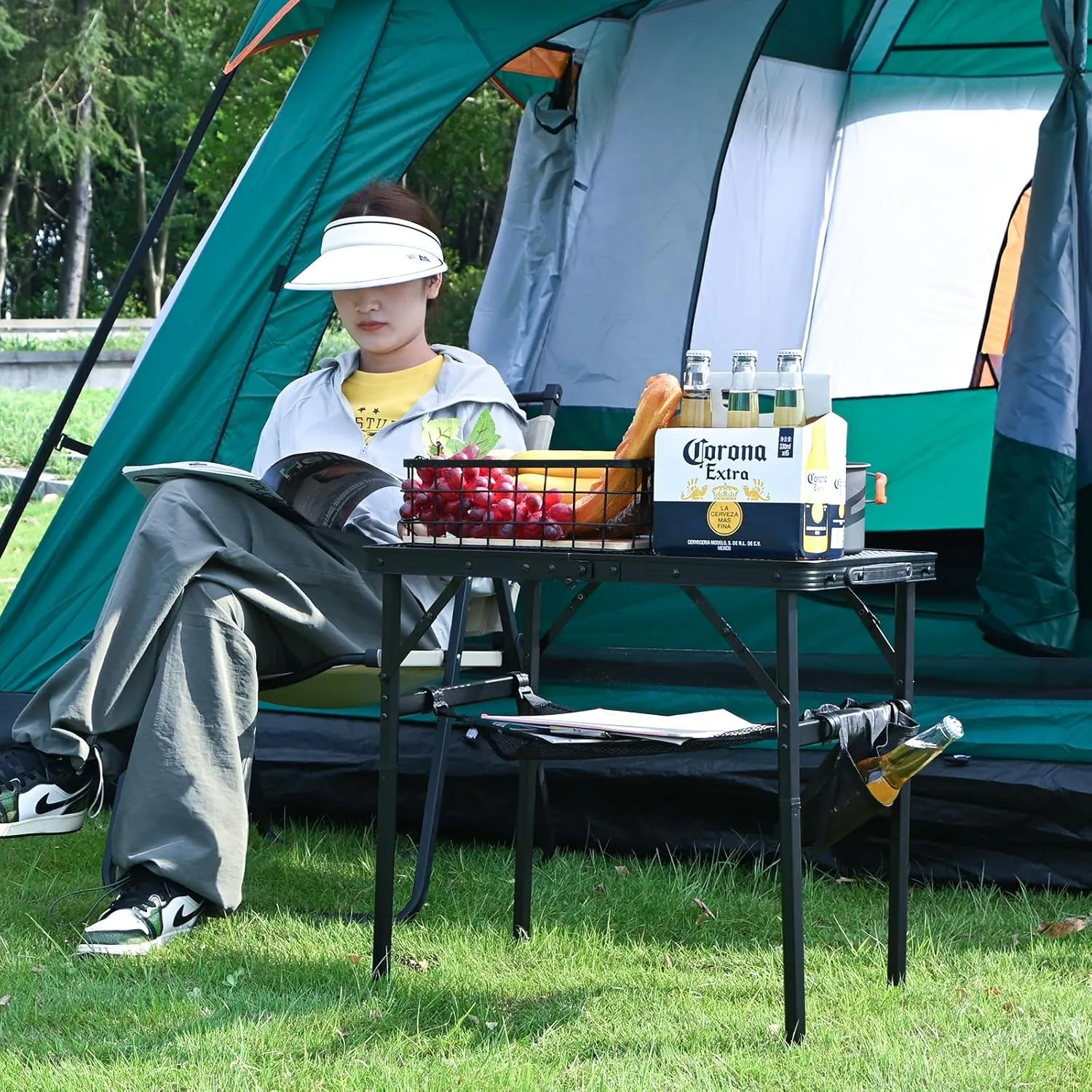 KINGROCK Folding Camping Table with Mesh Bag, Adjustable Height Grill Table for Outdoor Camping, Picnic, Patio, Dining, BBQ, Party