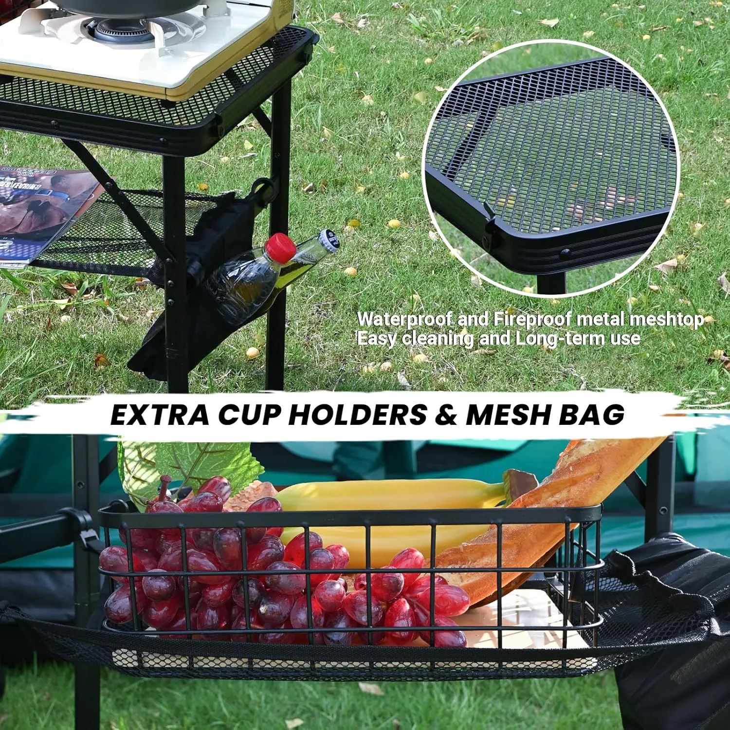 KINGROCK Folding Camping Table with Mesh Bag, Adjustable Height Grill Table for Outdoor Camping, Picnic, Patio, Dining, BBQ, Party