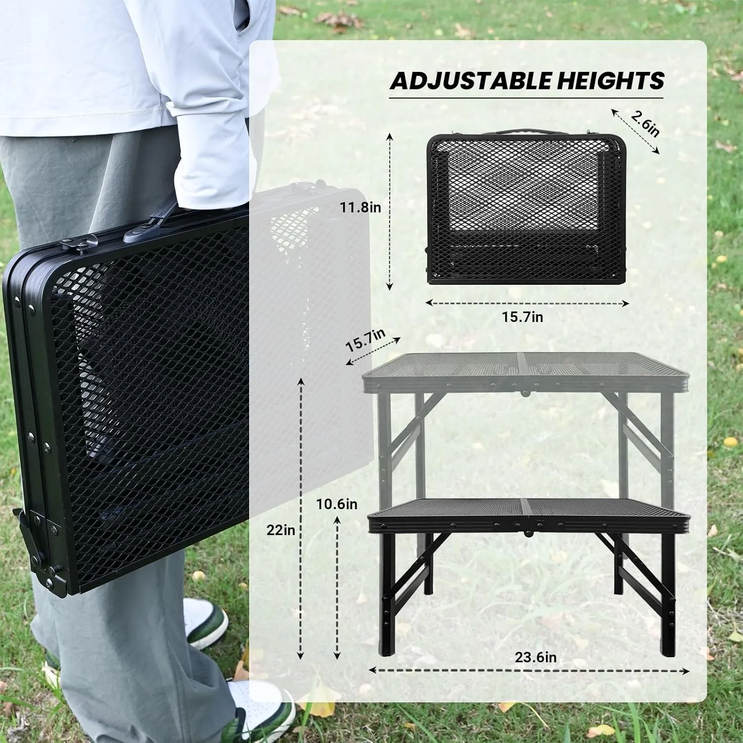KINGROCK Folding Camping Table with Mesh Bag, Adjustable Height Grill Table for Outdoor Camping, Picnic, Patio, Dining, BBQ, Party