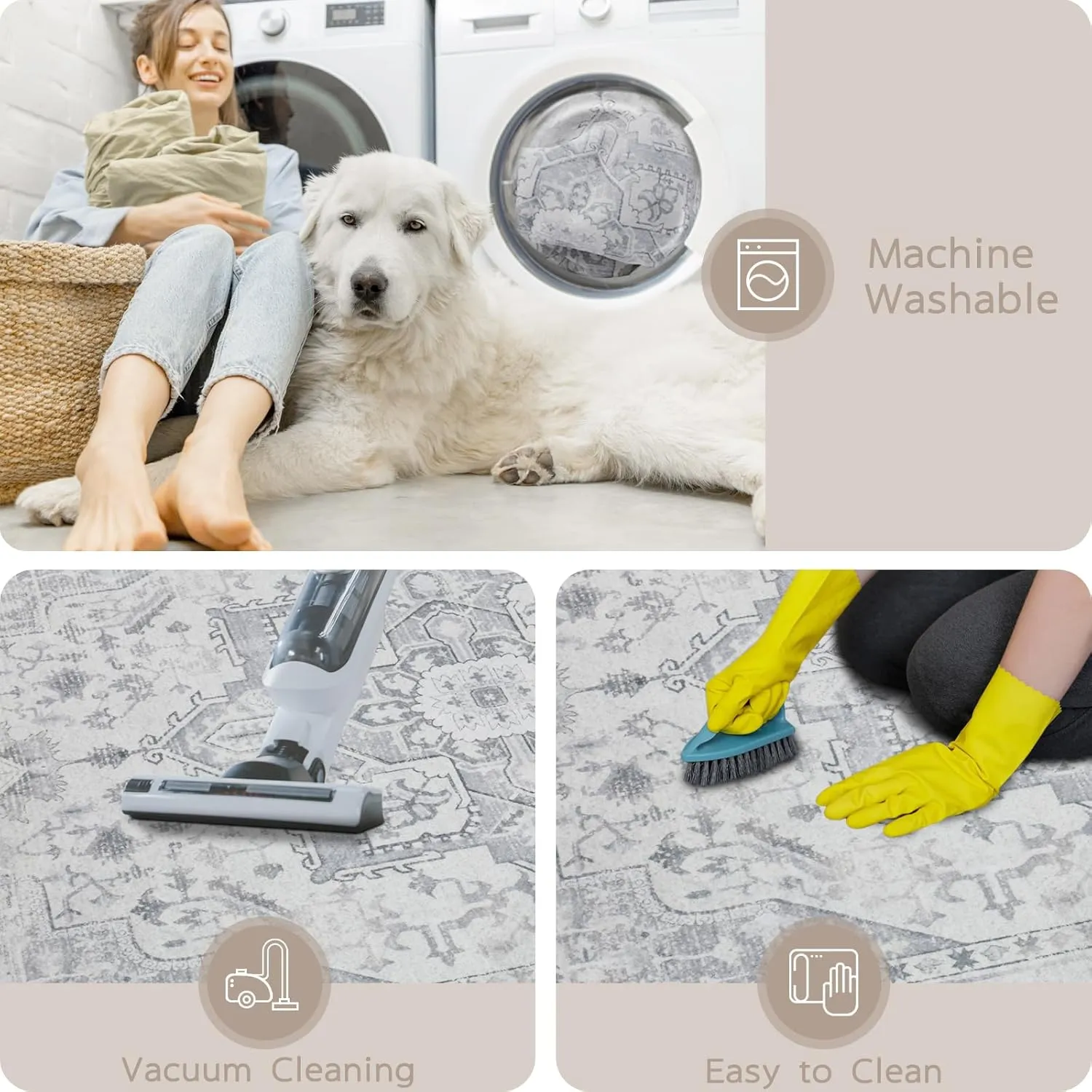 Kitchen Rug - Non Slip Hallway Runner - 2x8 Soft Faux Wool Washable Grey Vintage Throw Rug for Entryway and Bedroom