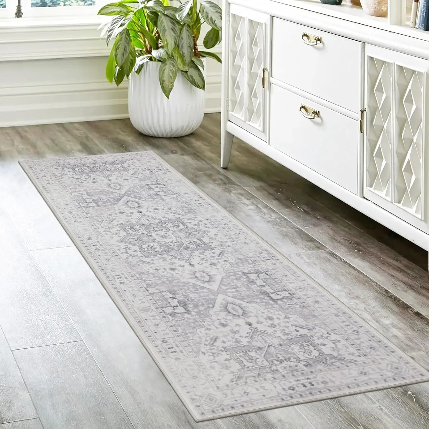 Kitchen Rug - Non Slip Hallway Runner - 2x8 Soft Faux Wool Washable Grey Vintage Throw Rug for Entryway and Bedroom