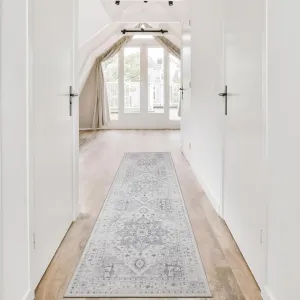 Kitchen Rug - Non Slip Hallway Runner - 2x8 Soft Faux Wool Washable Grey Vintage Throw Rug for Entryway and Bedroom