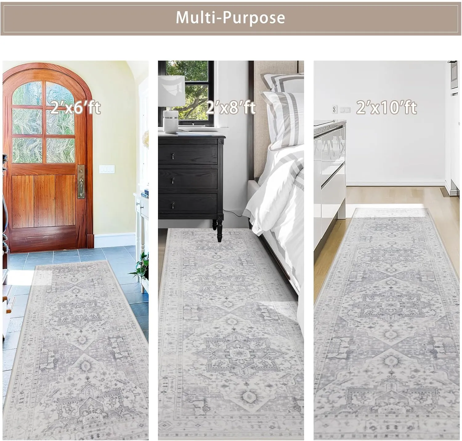 Kitchen Rug - Non Slip Hallway Runner - 2x8 Soft Faux Wool Washable Grey Vintage Throw Rug for Entryway and Bedroom