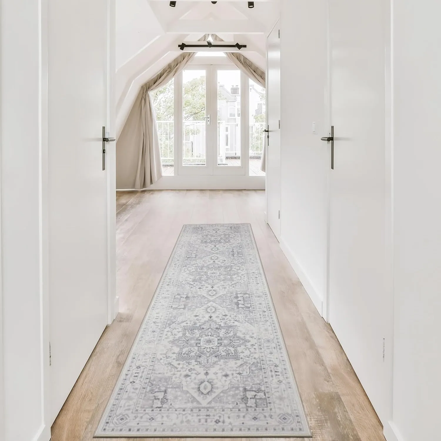 Kitchen Rug - Non Slip Hallway Runner - 2x8 Soft Faux Wool Washable Grey Vintage Throw Rug for Entryway and Bedroom