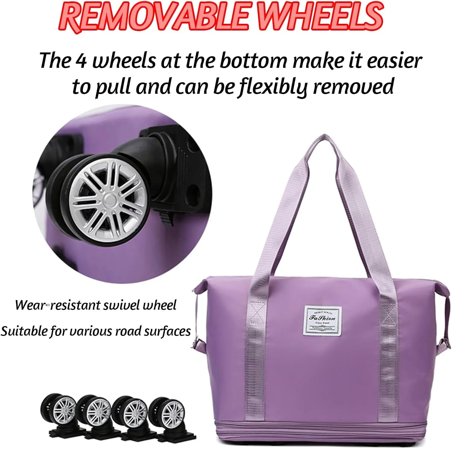 Klarson Expandable Bag with Wheels, Expandable Bag with Wheels, Expandable Rolling Duffel Bag, Foldable Suitcase without Handle (Purple)