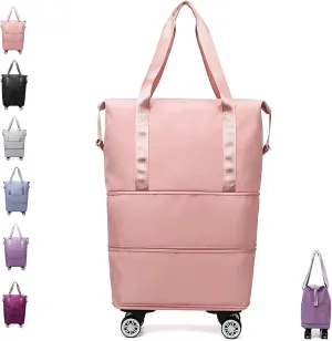 Klarson Expandable Bag with Wheels,Lightweight Durable Rolling Duffle Bag with Wheels,Foldable Suitcase Without Handle with Wheels (Pink,One Size)