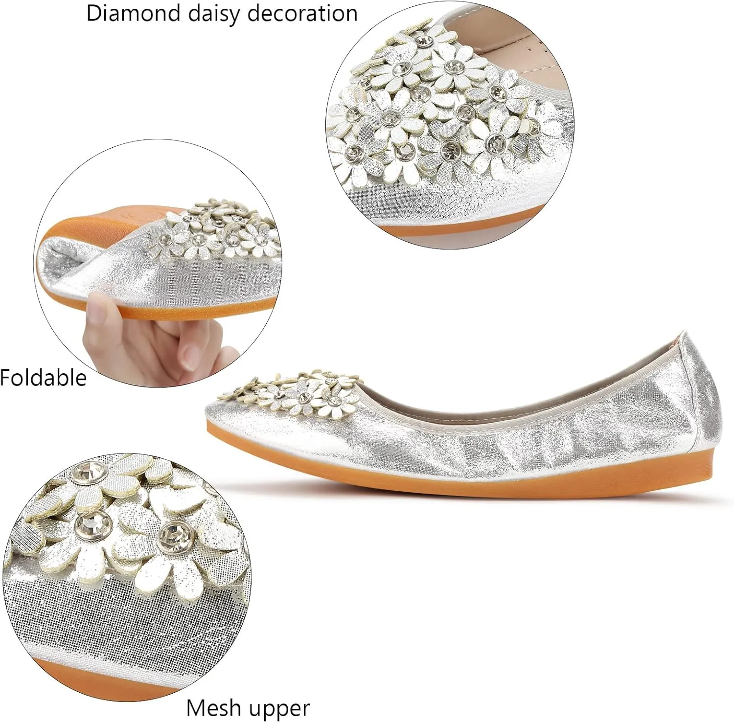 KUNWFNIX Women's Ballet Flats Foldable Classic Crown Rhinestone Slip On Flowers PU Leather Pointed Toe Comfort Flat Casual Dress Shoes