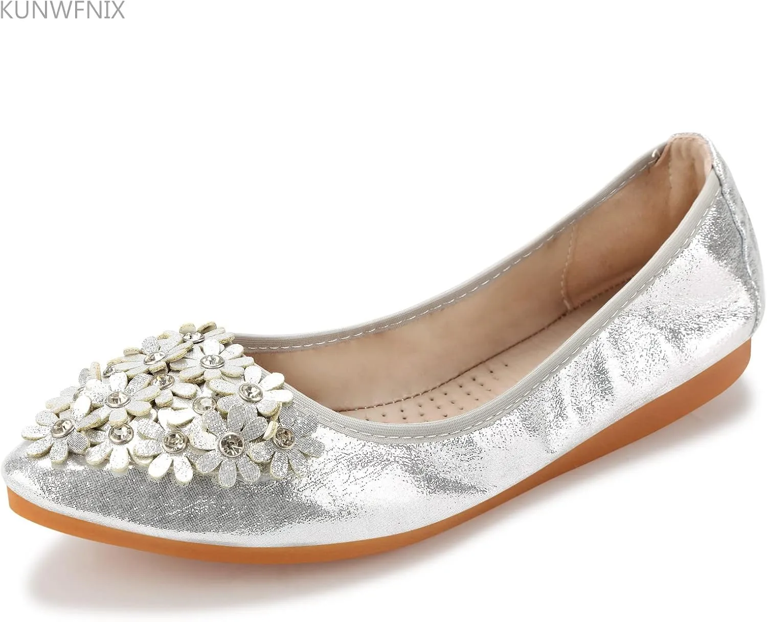 KUNWFNIX Women's Ballet Flats Foldable Classic Crown Rhinestone Slip On Flowers PU Leather Pointed Toe Comfort Flat Casual Dress Shoes