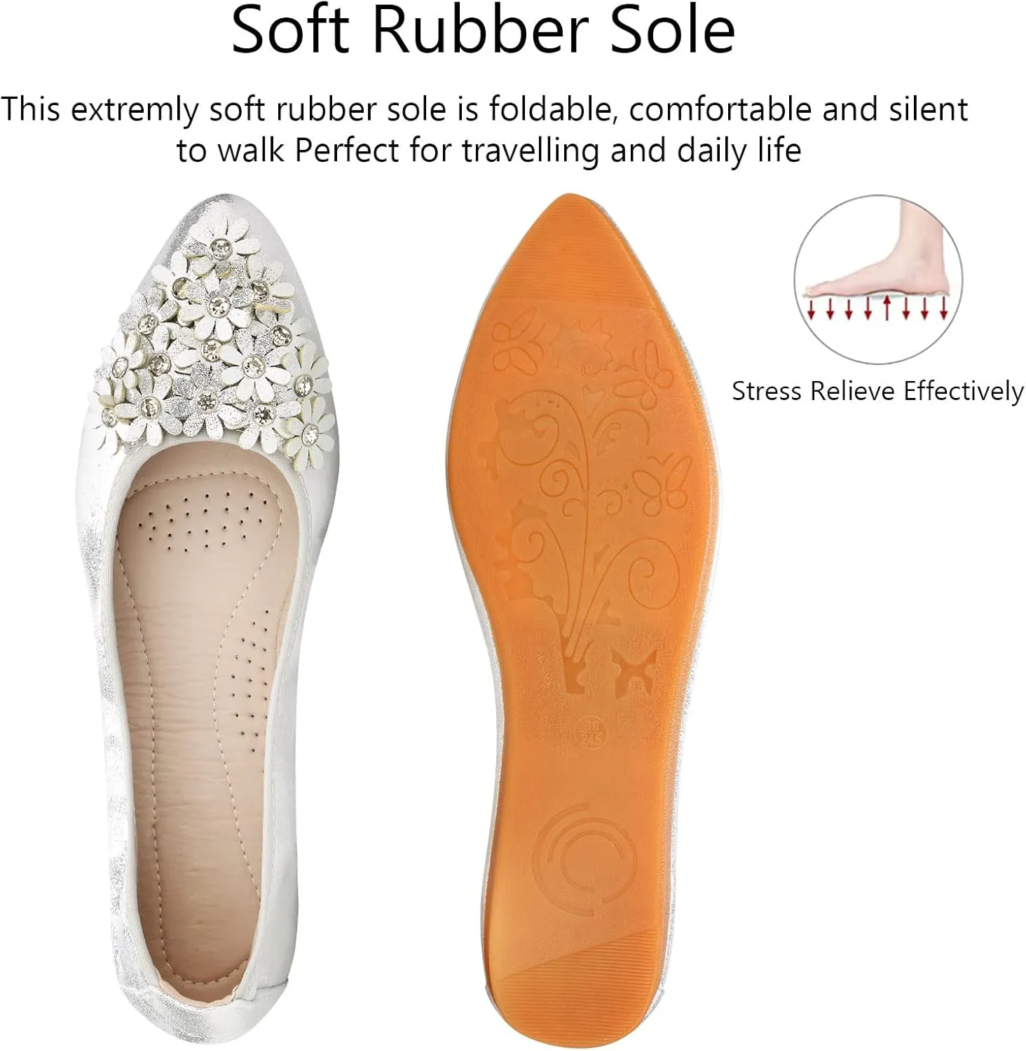 KUNWFNIX Women's Ballet Flats Foldable Classic Crown Rhinestone Slip On Flowers PU Leather Pointed Toe Comfort Flat Casual Dress Shoes