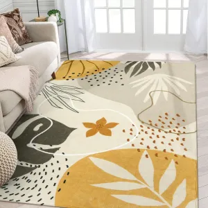 Lahome Boho Rug for Living Room - 5 x 7 Area Rugs Washable Non-Slip Soft Bedroom Carpet Ultra-Thin Throw Tan Dining Room Rug, Botanical Print Indoor Modern Floral Rug for Office Nursery Kids Room