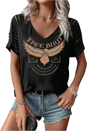 LANMERTREE Cut Out V Neck T Shirts Nashville Outfits for Women Casual Loose Shirt Country Music Graphic Tee Shirts