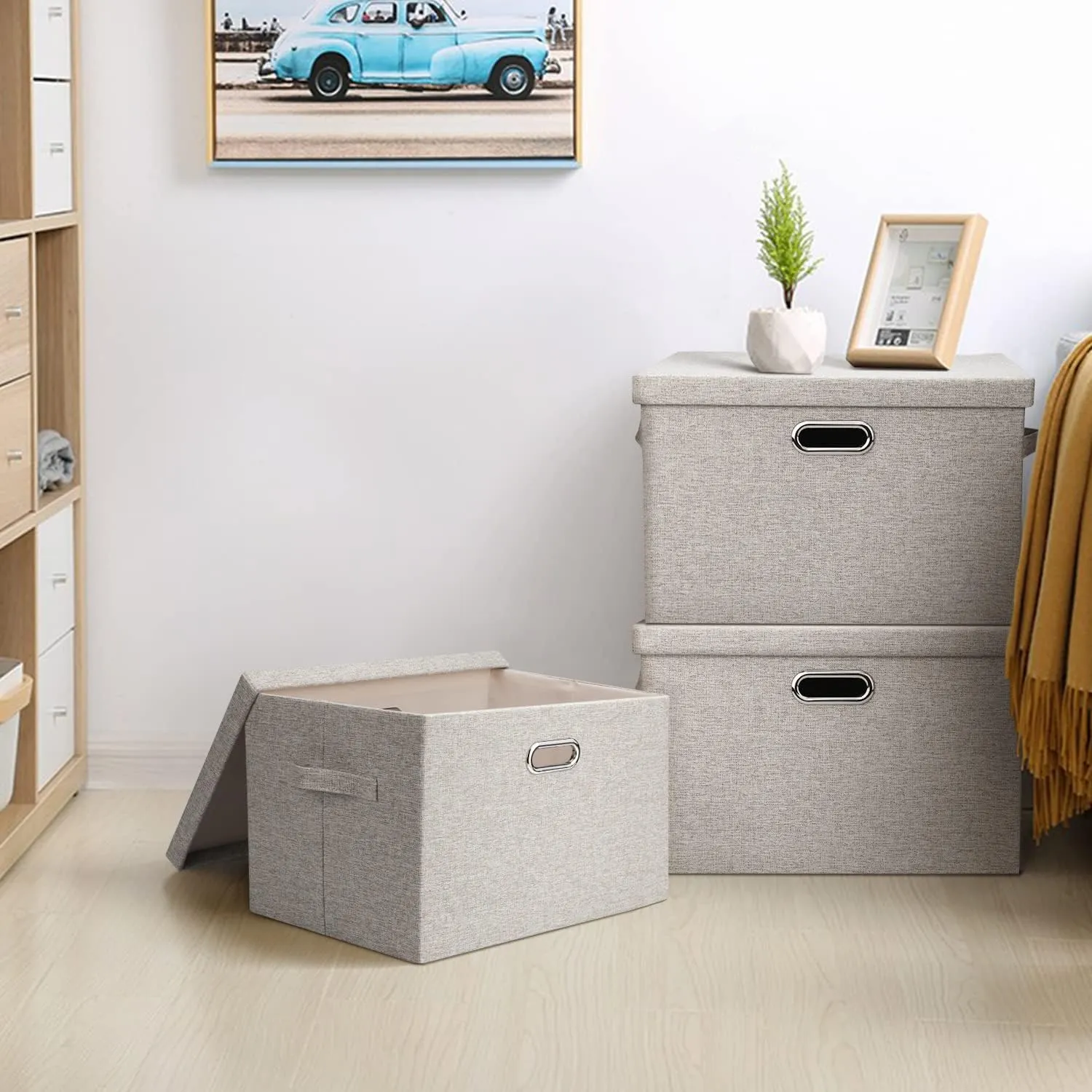 Large 17 36 Quart Collapsible Stackable Storage Bins with Lids, 1 Pack Beige Foldable Fabric Closet Storage Boxes with Lids, 4 Handles Toy Heavyduty Dark Gray Linen Storage Cube Box