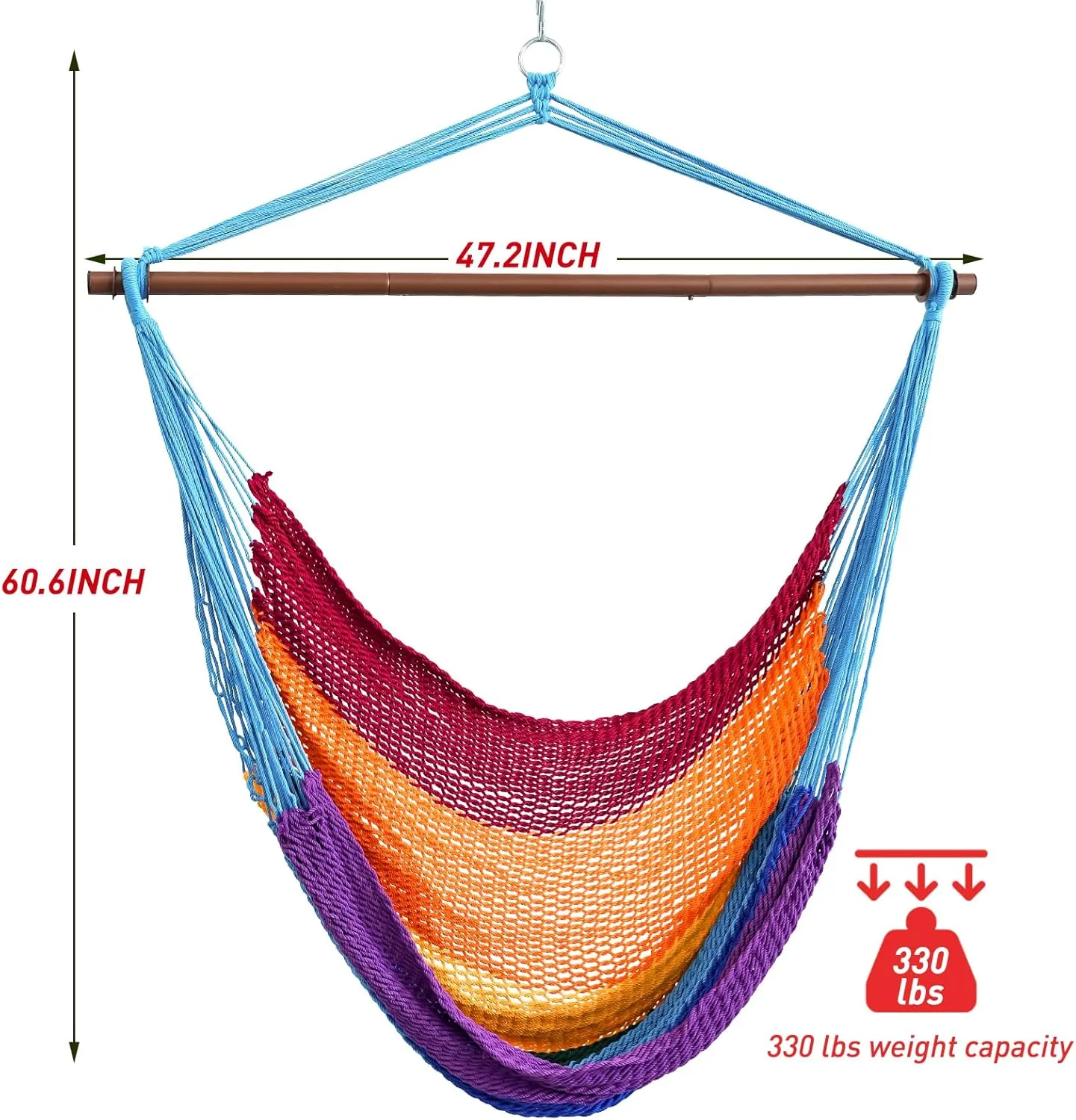Large Hammock Chair,Caribbean Hammock Chair with Spreader Bar,Large Hammock Swing Chair,Rope Hanging Chair for Indoor/Outdoor/Backyard/Living Room, Max 300 LBS