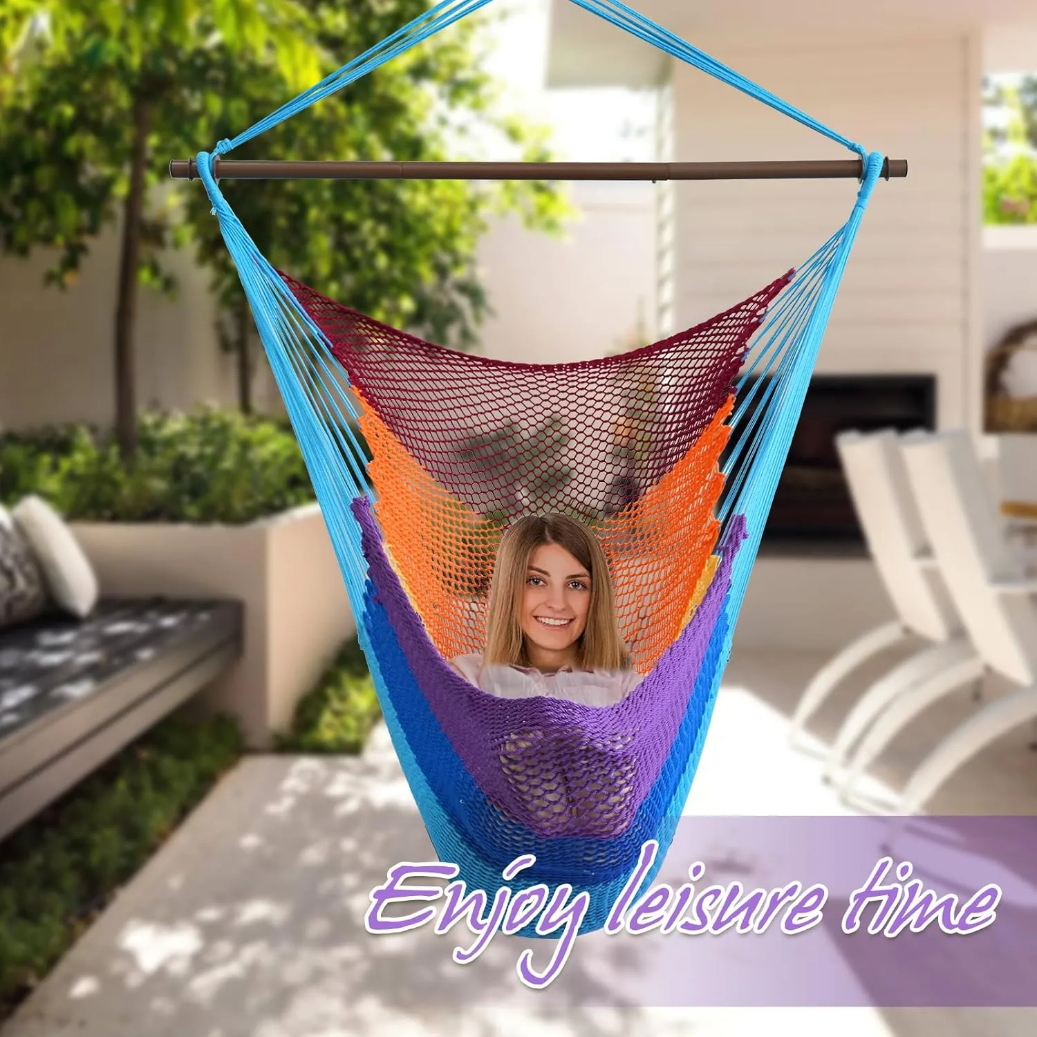 Large Hammock Chair,Caribbean Hammock Chair with Spreader Bar,Large Hammock Swing Chair,Rope Hanging Chair for Indoor/Outdoor/Backyard/Living Room, Max 300 LBS