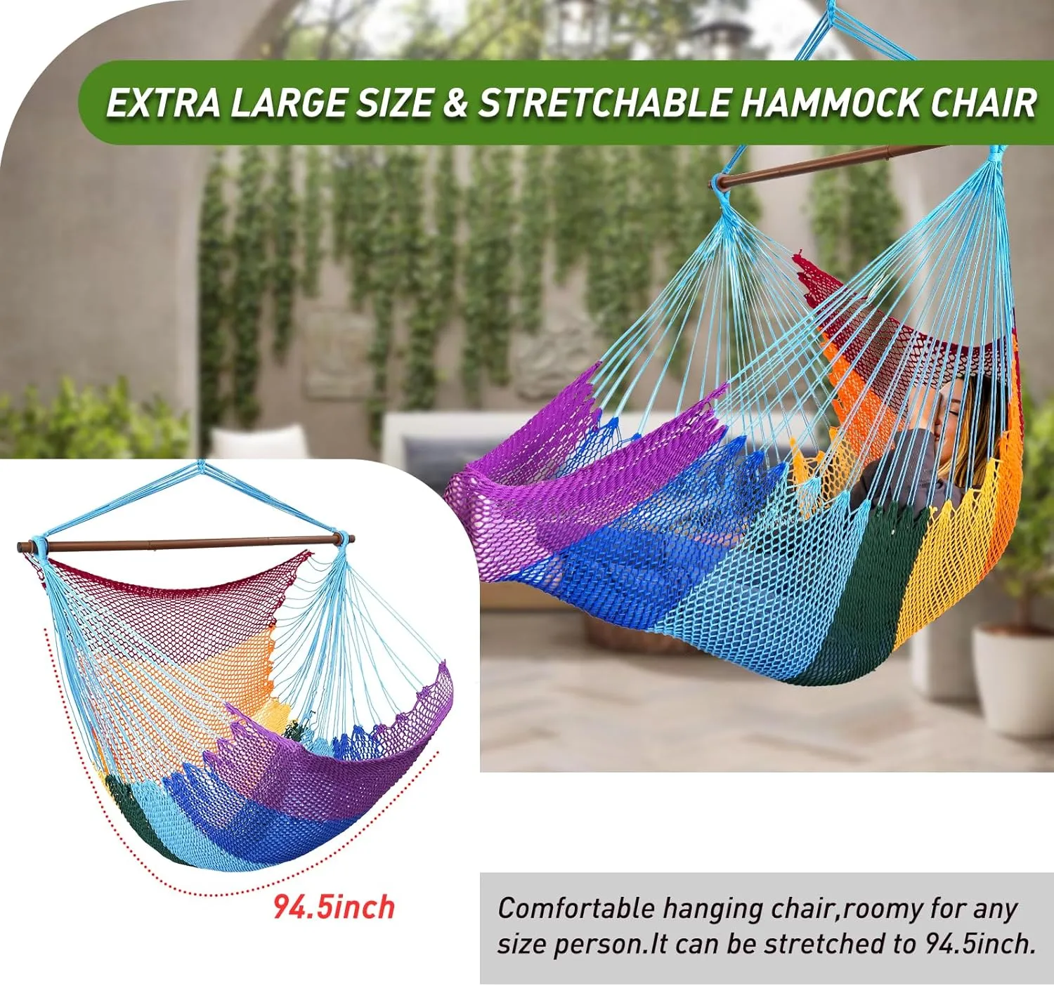 Large Hammock Chair,Caribbean Hammock Chair with Spreader Bar,Large Hammock Swing Chair,Rope Hanging Chair for Indoor/Outdoor/Backyard/Living Room, Max 300 LBS