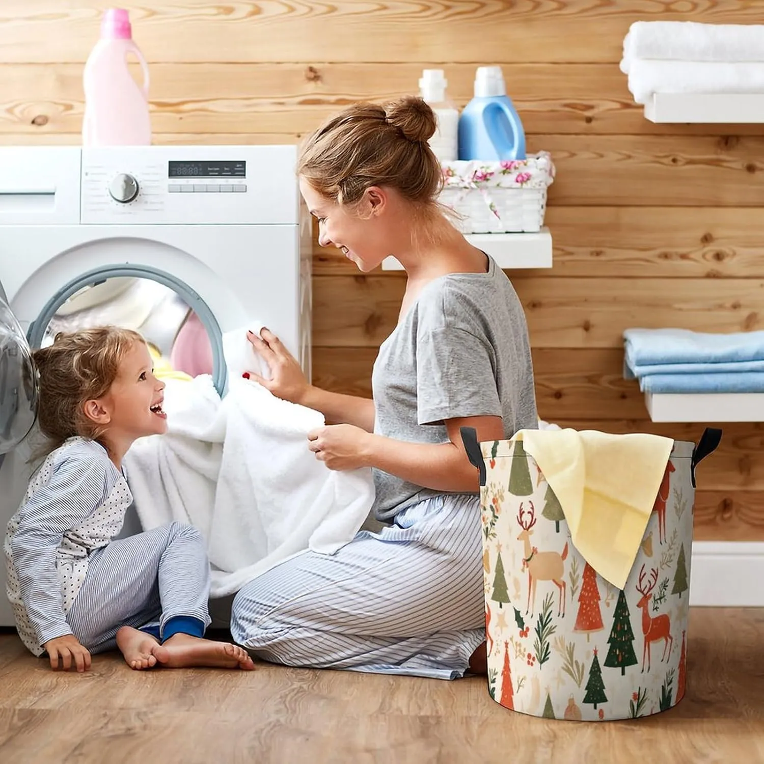 Laundry Hampers, Large Drawstring Laundry Bag, Removable Laundry Bags, Collapsible Storage Bin with Handles for Home Organization, Kids Room, Nursery Nature