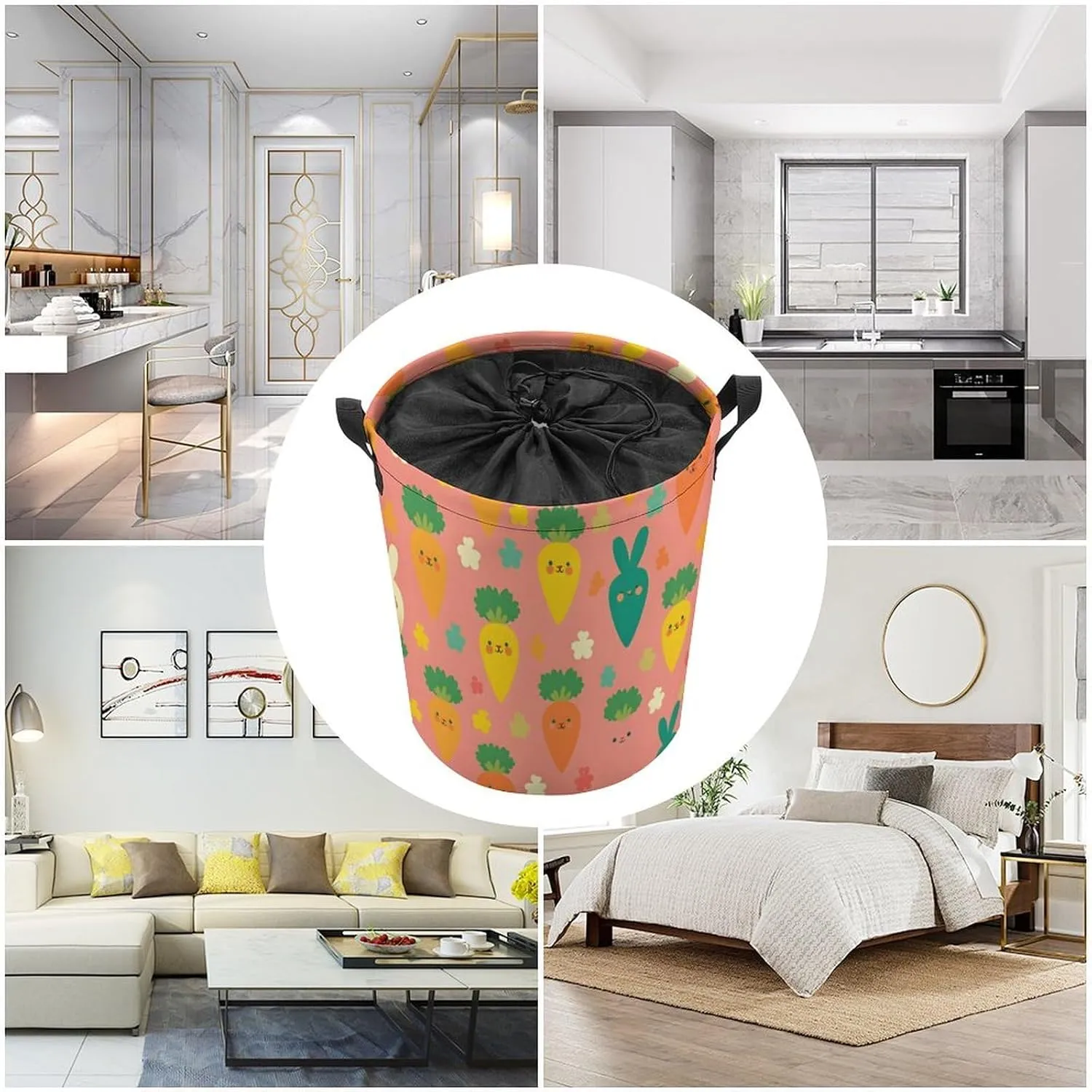 Laundry Hampers, Large Drawstring Laundry Bag, Removable Laundry Bags, Collapsible Storage Bin with Handles for Home Organization, Kids Room, Nursery Pattern